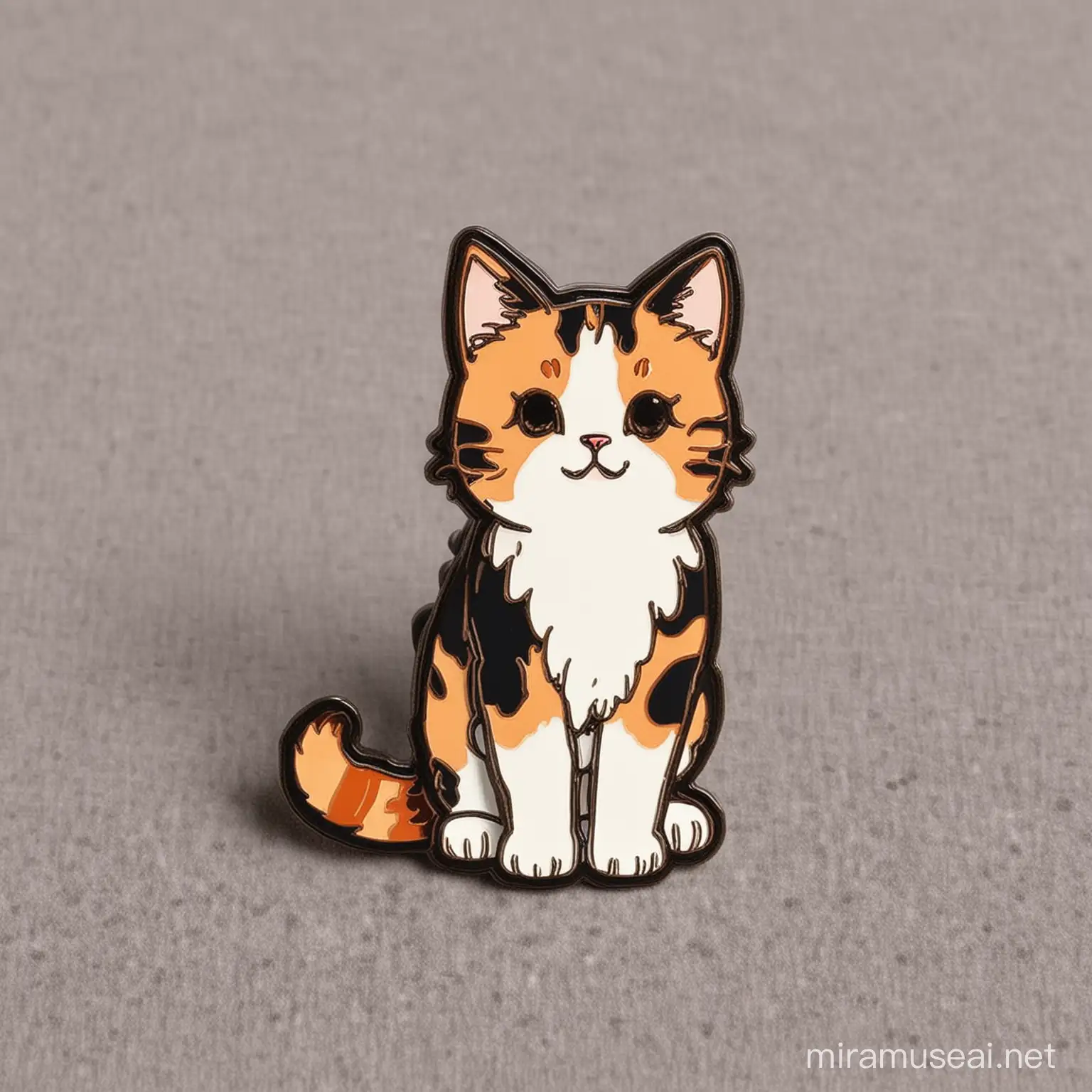 Please create an enamel pin of a cute humanoid calico cat standing on it's hind legs.  It should be cute and appeal to kids of all ages.