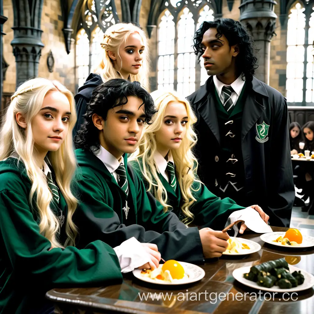 a young beautiful attractive girl with blonde long hair, and a girl with black hair, and a girl with dark curly hair and Draco Malfoy and a dark-skinned guy and a guy with dark curly hair in the shape of Slytherin are sitting at a table in the great hall of Hogwarts breakfast
