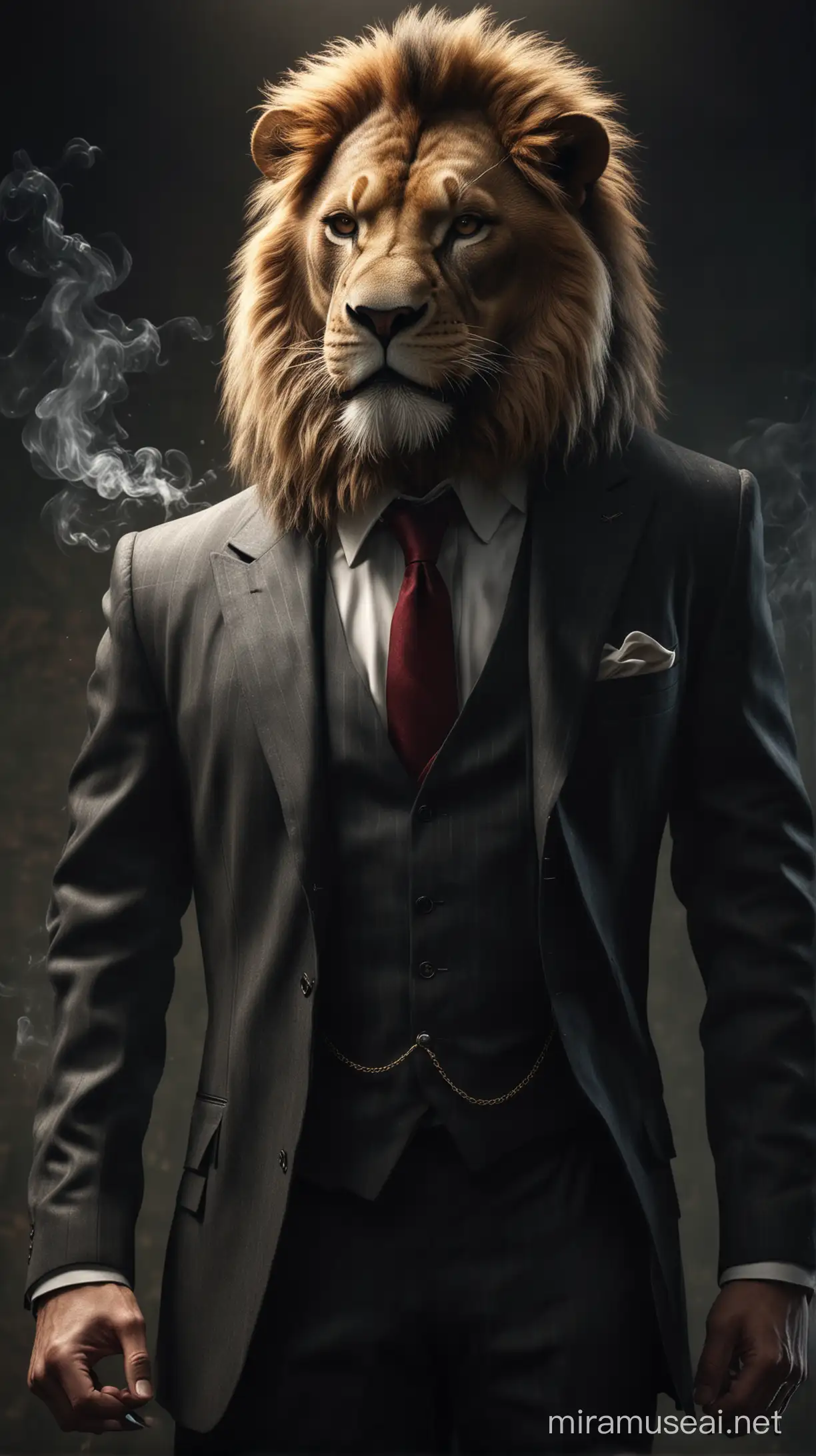 Highly Detail Lion in a Suit, Human Pose, Mafia Style, Realisim, Lights ahead, Dark, Smoking, standing