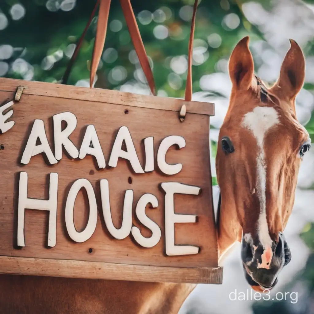 The Arabian horse carries in its mouth a sign with the Arabic House written on it