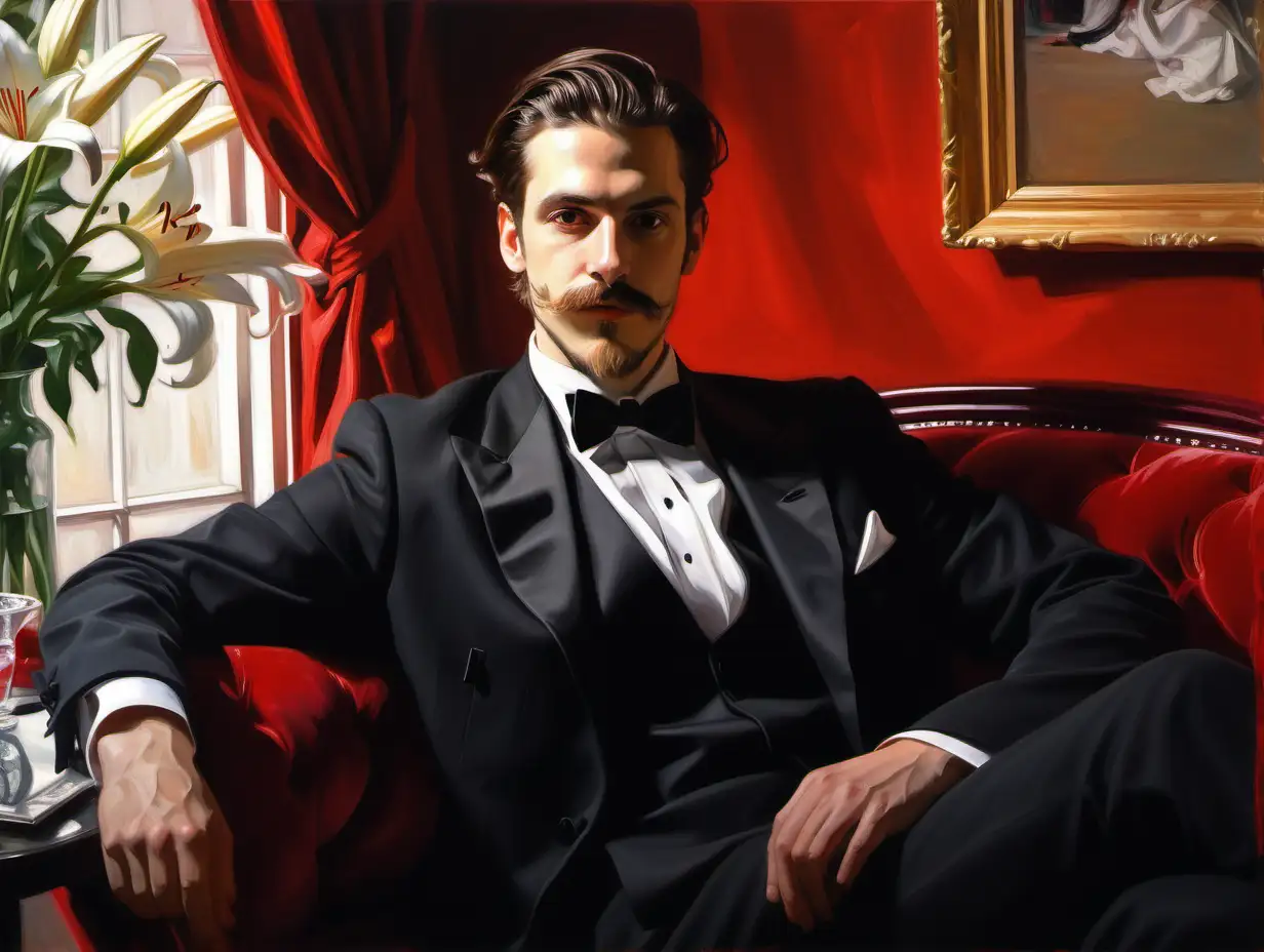 Portrait of a Sly Gentleman in Black Tuxedo Suit on Red Velvet Sofa