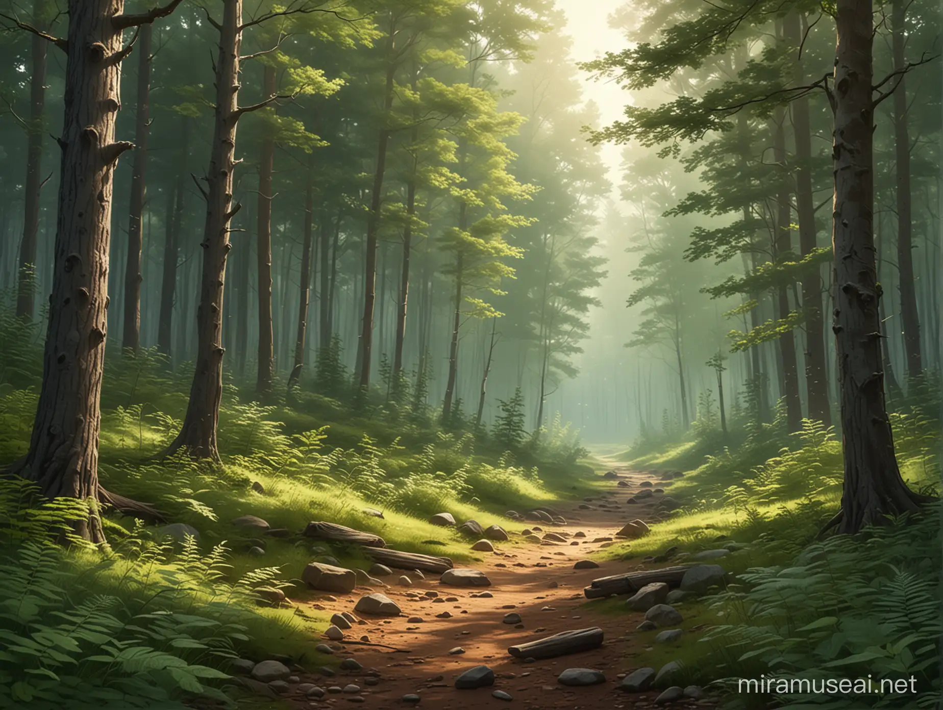 Generate a VECTOR image of a serene forest scene. The forest should have a calming and safe ambiance. Focus on depicting the tranquility and beauty of nature.