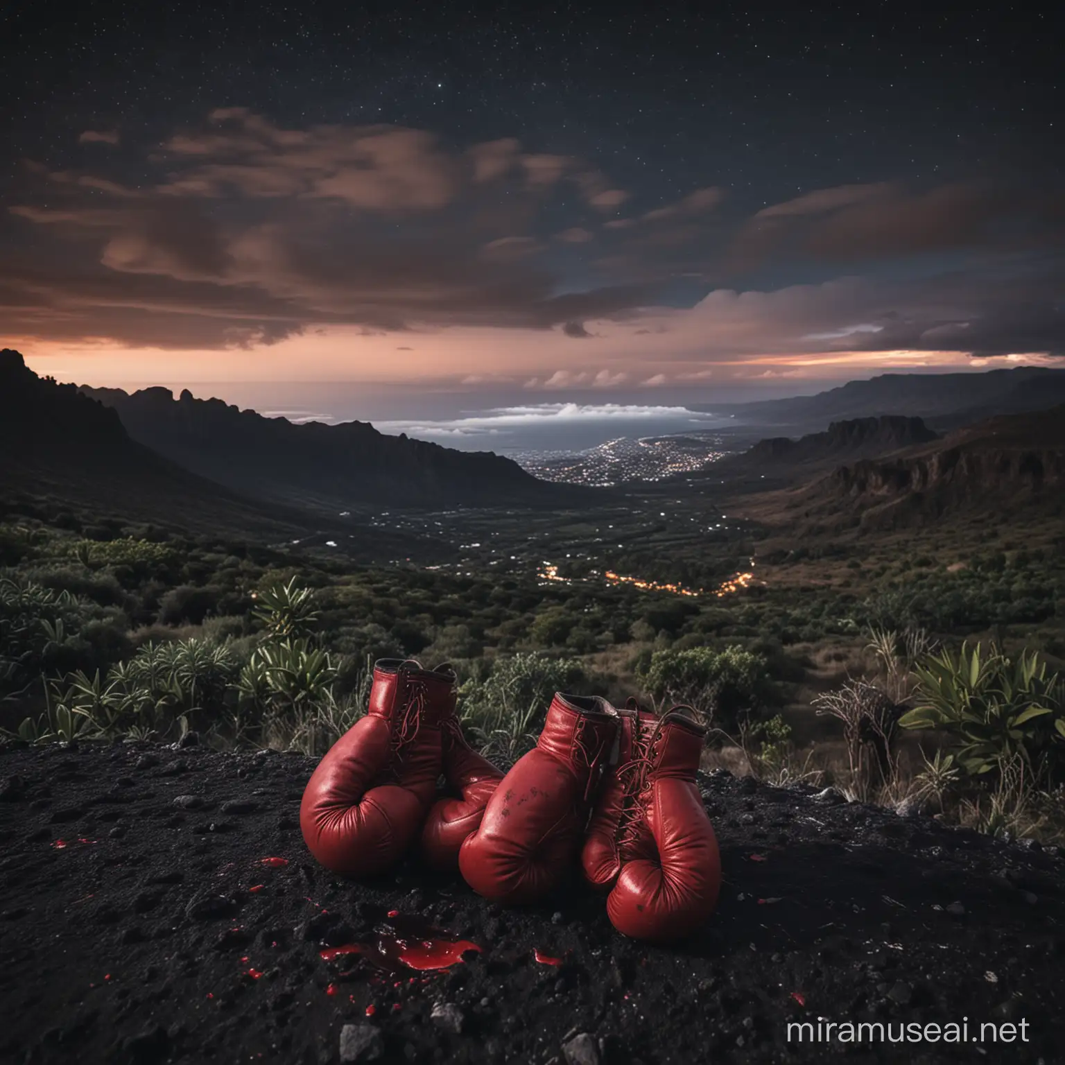 Paysage de l'ile de Réunion de nuit avec une ambiance froide, avec des anciens gants de boxe recouverts de sang