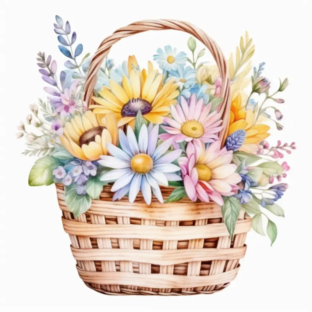 COMBI
 con flores en canasta pintada a mano a colores pastel  acuarela 
sin fondo
