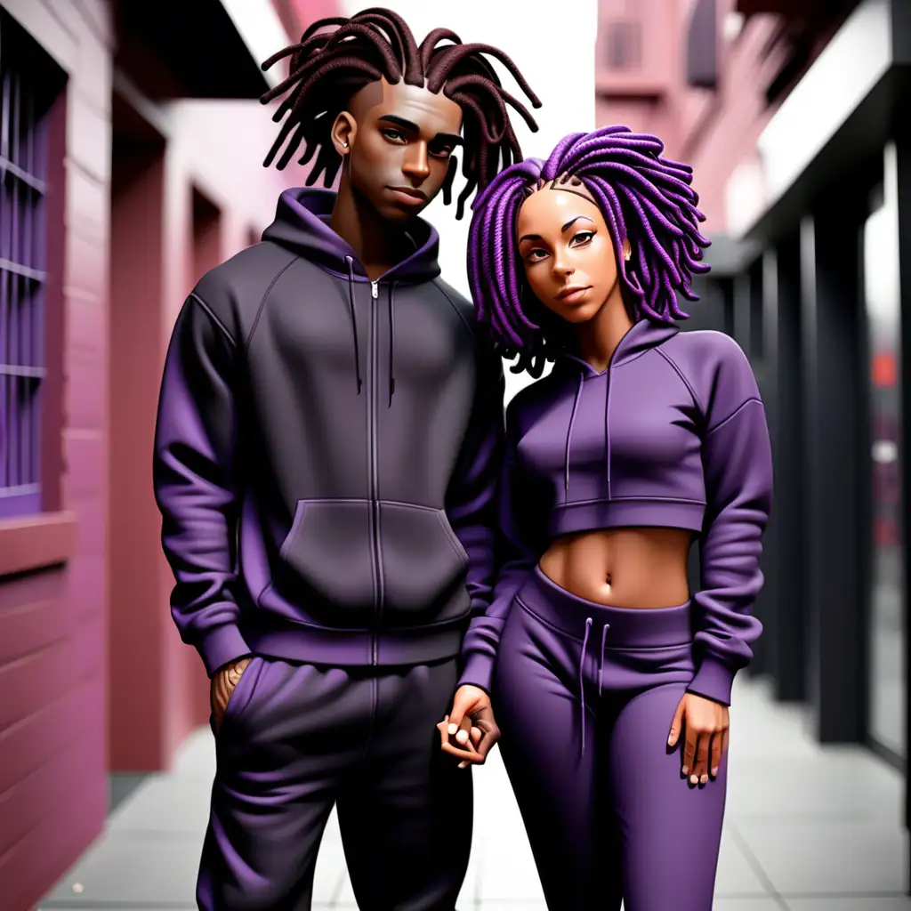 Young short black couple, dressed in a black sweat suit romantic posing, black and purple locs full body shot  standing 