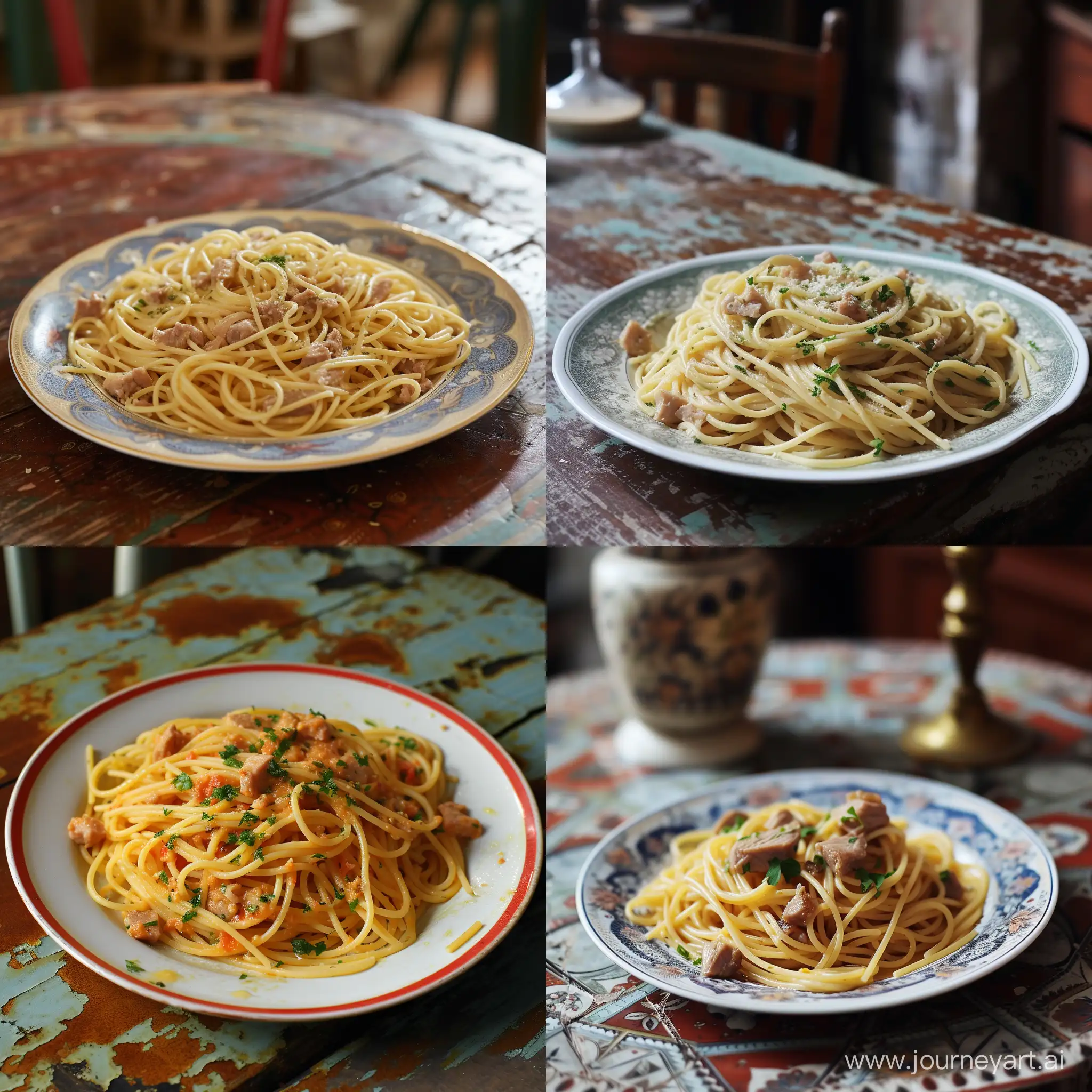 a plate of spaghetti with pork in a sovet old table