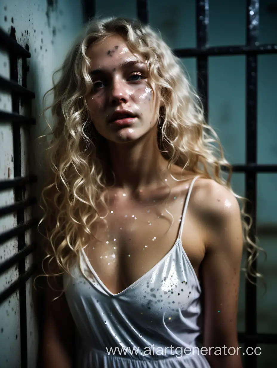 Blonde-Girl-in-Summer-Dress-Glittering-in-Prison