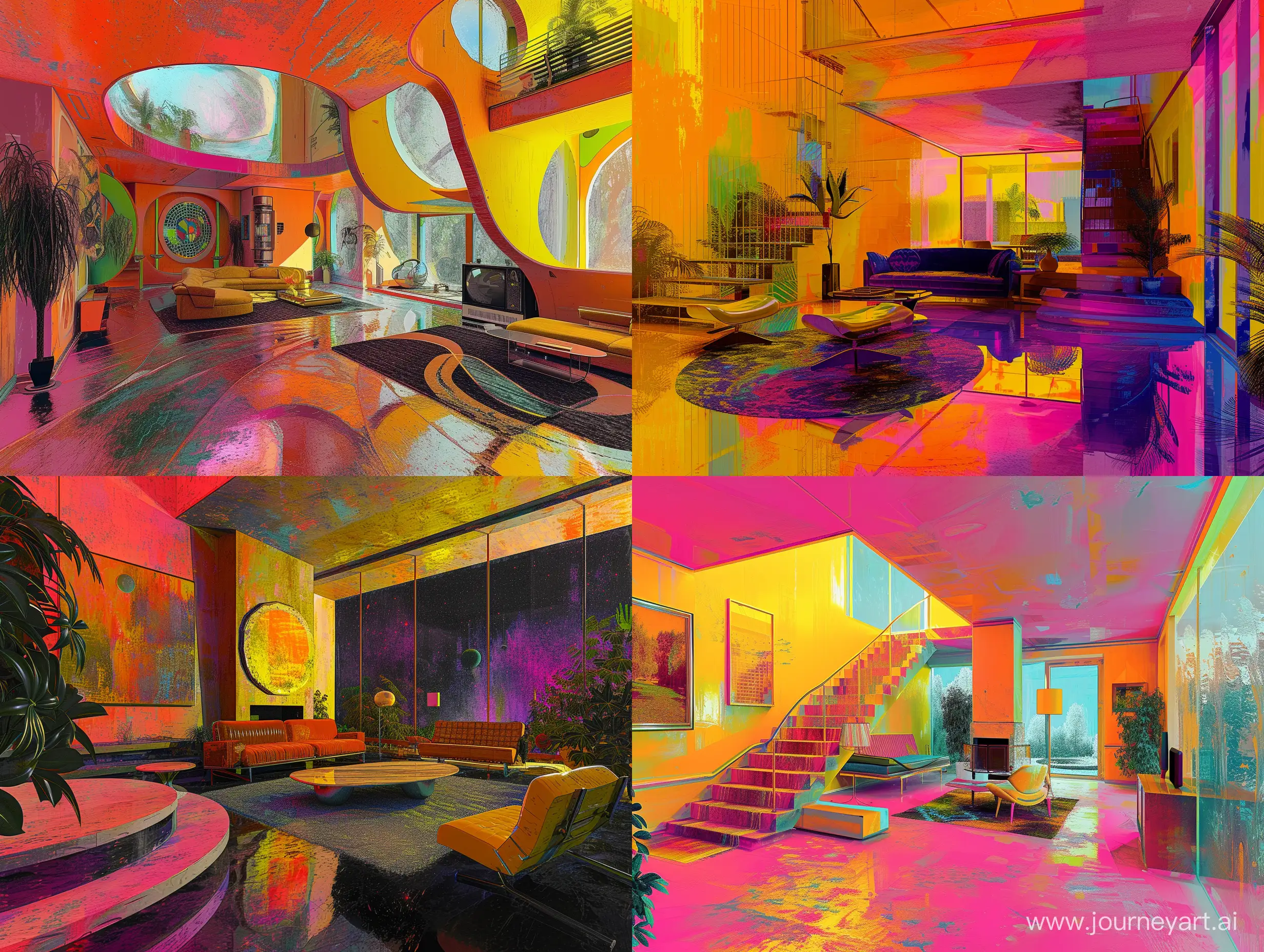 a digital art painting of a retrofuturism style house interior, visuals, retro sci fi, noise photo effect, vibrant, 70s --v 6 --ar 4:3 --no 92428