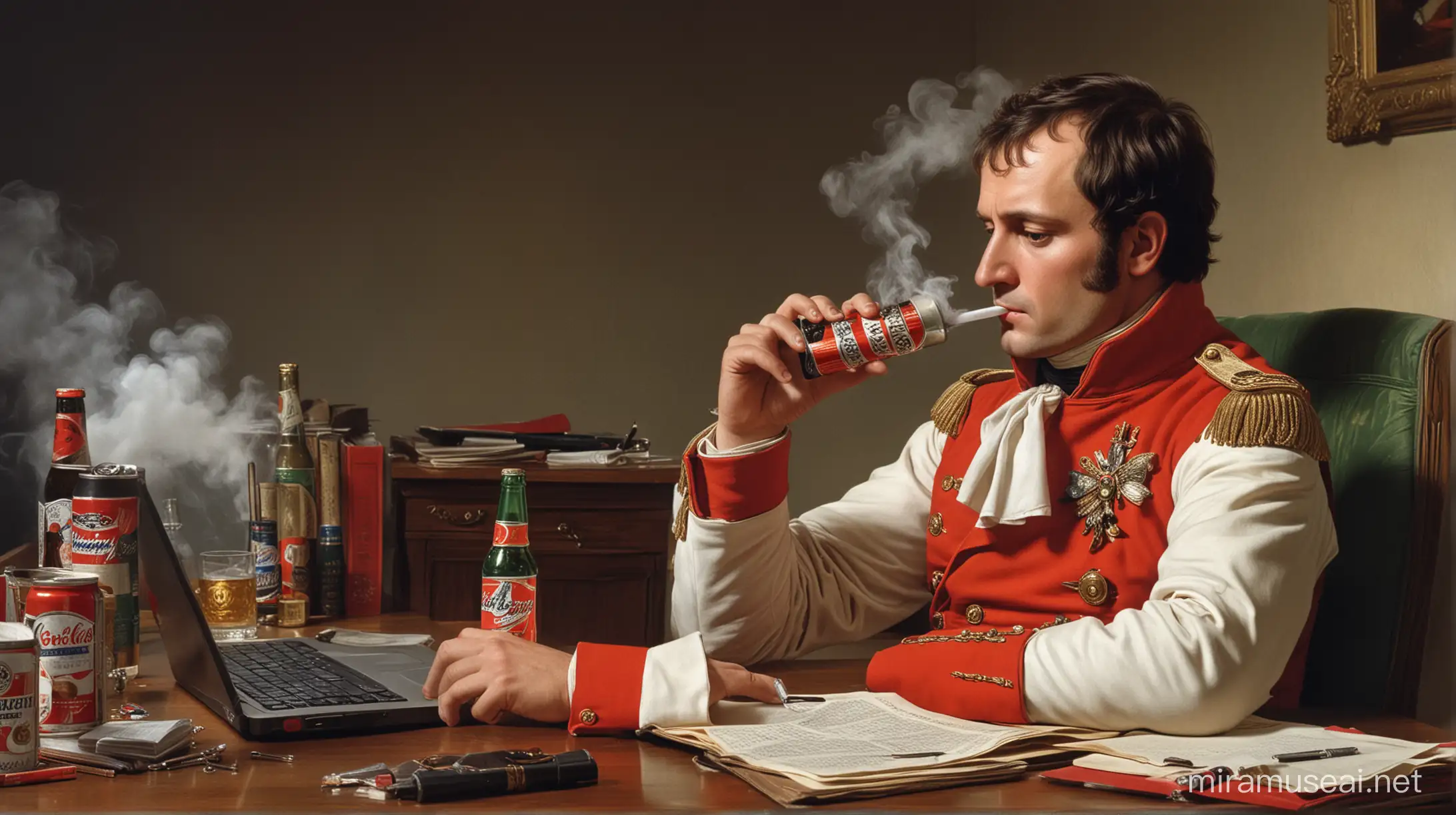 Napoleon, vaping intensely and drinking a can Budweiser beer in his large study in 1802, a LAPTOP computer on the desk shows his emails