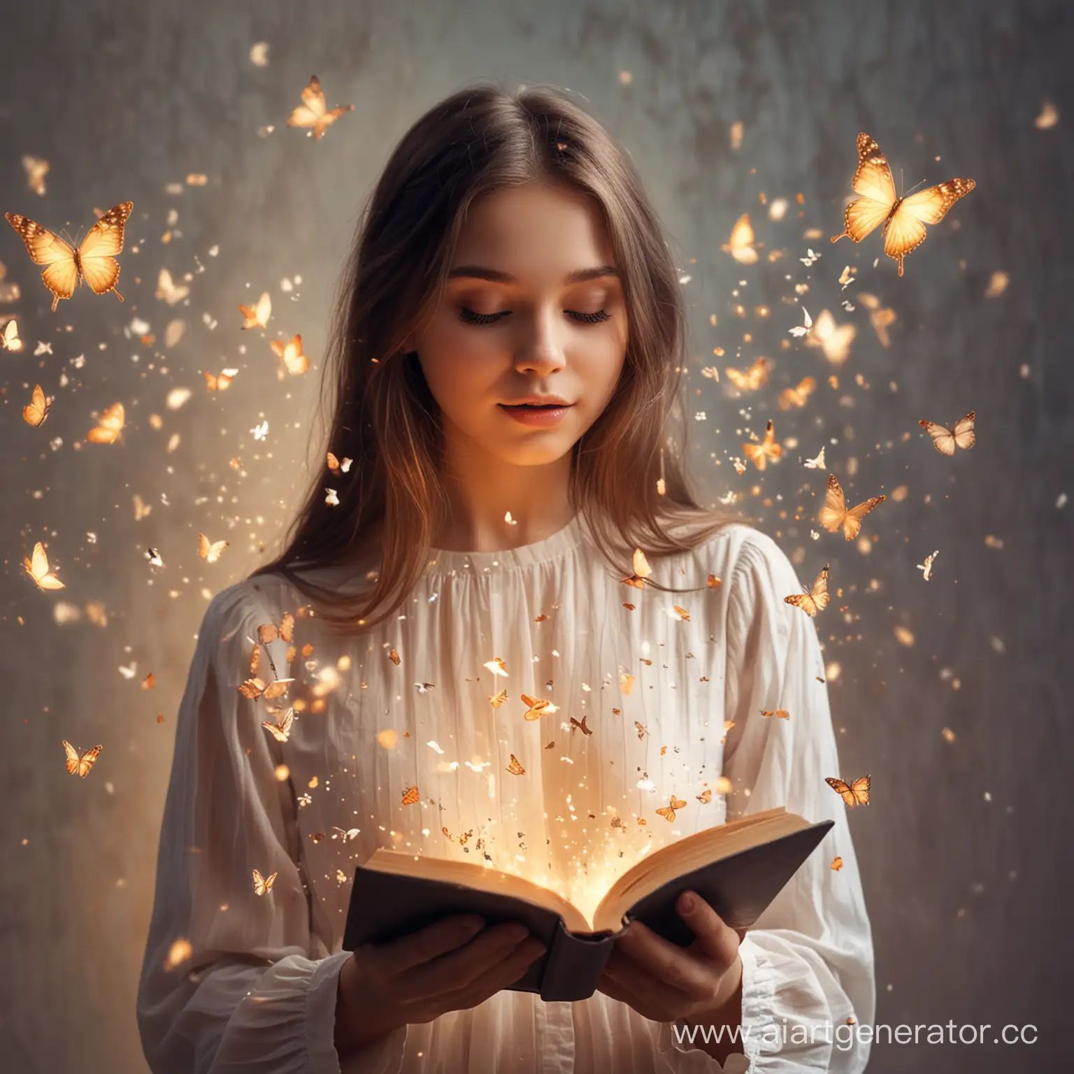 девочка держит в руках книгу, из книги вылетают бабочки, волшебство, мягкий свет