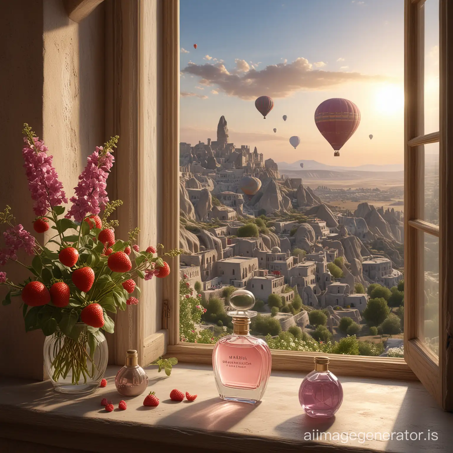 A hyper-realistic 3d rendering of a perfume product on the edge of a house window beside the perfume are strawberry, lime, berry fruits, and a vase filled with patchouli flowers with a background view of Cappadocia where there are many hot air balloons flying, Cappadocia stone hills and hot air balloons appear in the distance, the rays passing through the window highlight the perfume, the atmosphere is romantic with a purplish sky.
