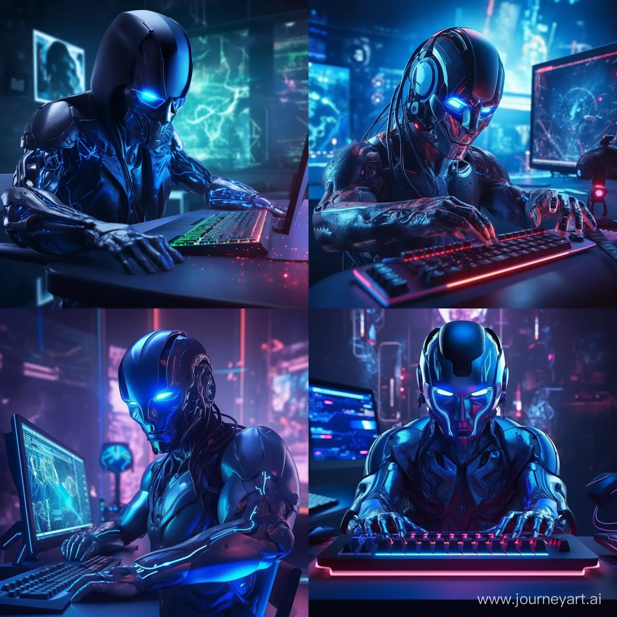 The robot is sitting at the computer with headphones   blue neon  4K 