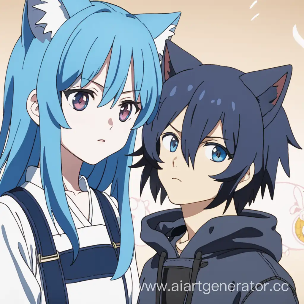 Кадр из аниме с кошкодевочкой с синими волосами и парнем с чёрными волосами