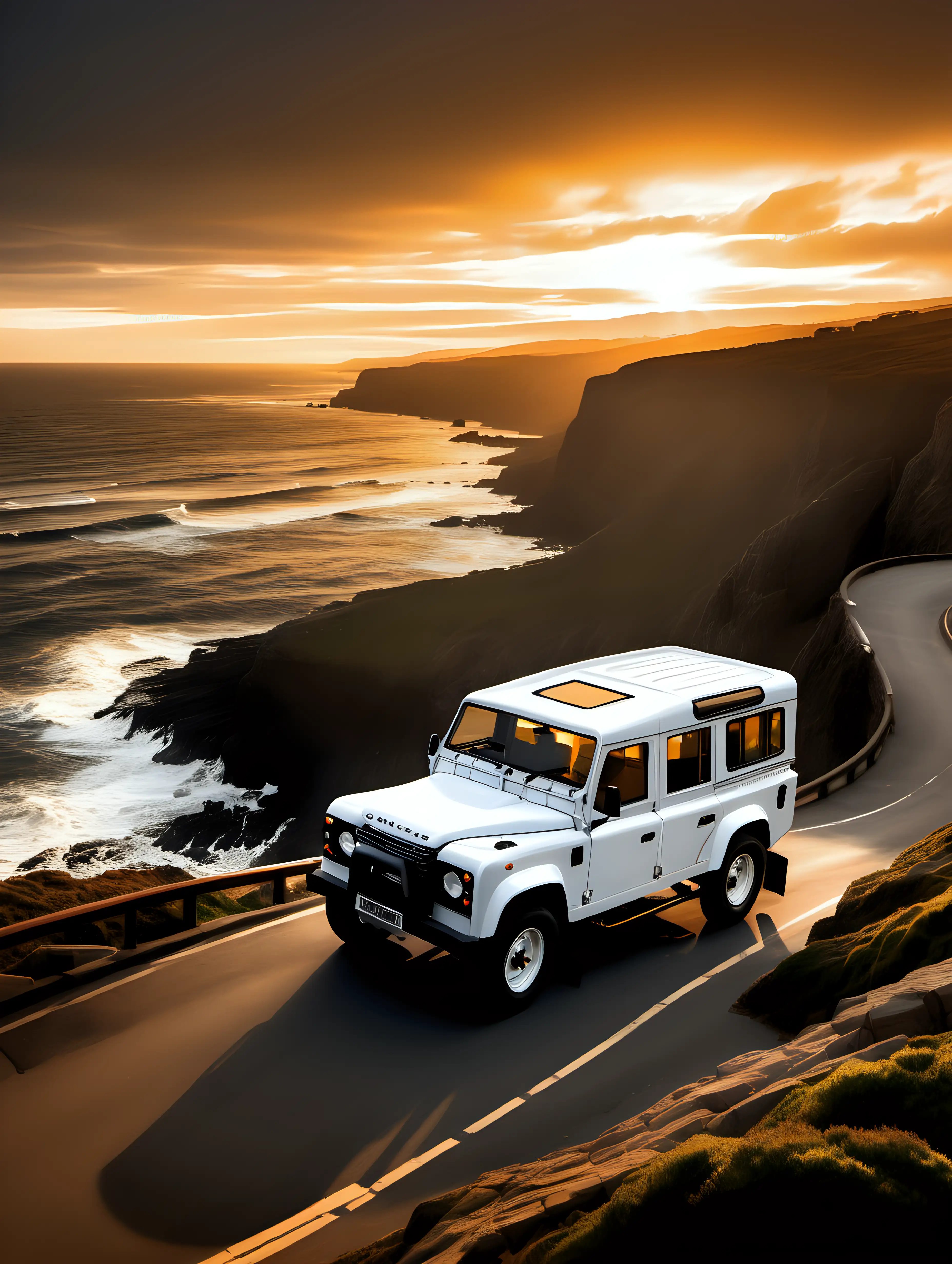 A stunning Defender 110 1987 White, through a winding coastal road at sunset, with golden sunlight casting a warm glow on the sleek curves of the vehicle against a backdrop of crashing waves and rugged cliffs.