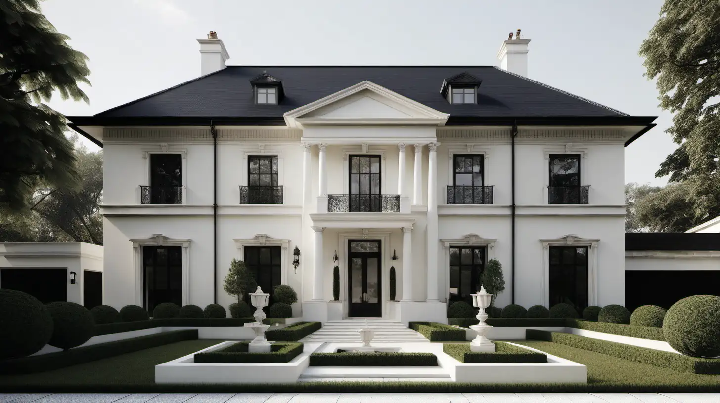 Grand Minimalist Classical home exterior; Ivory render; black; gardens