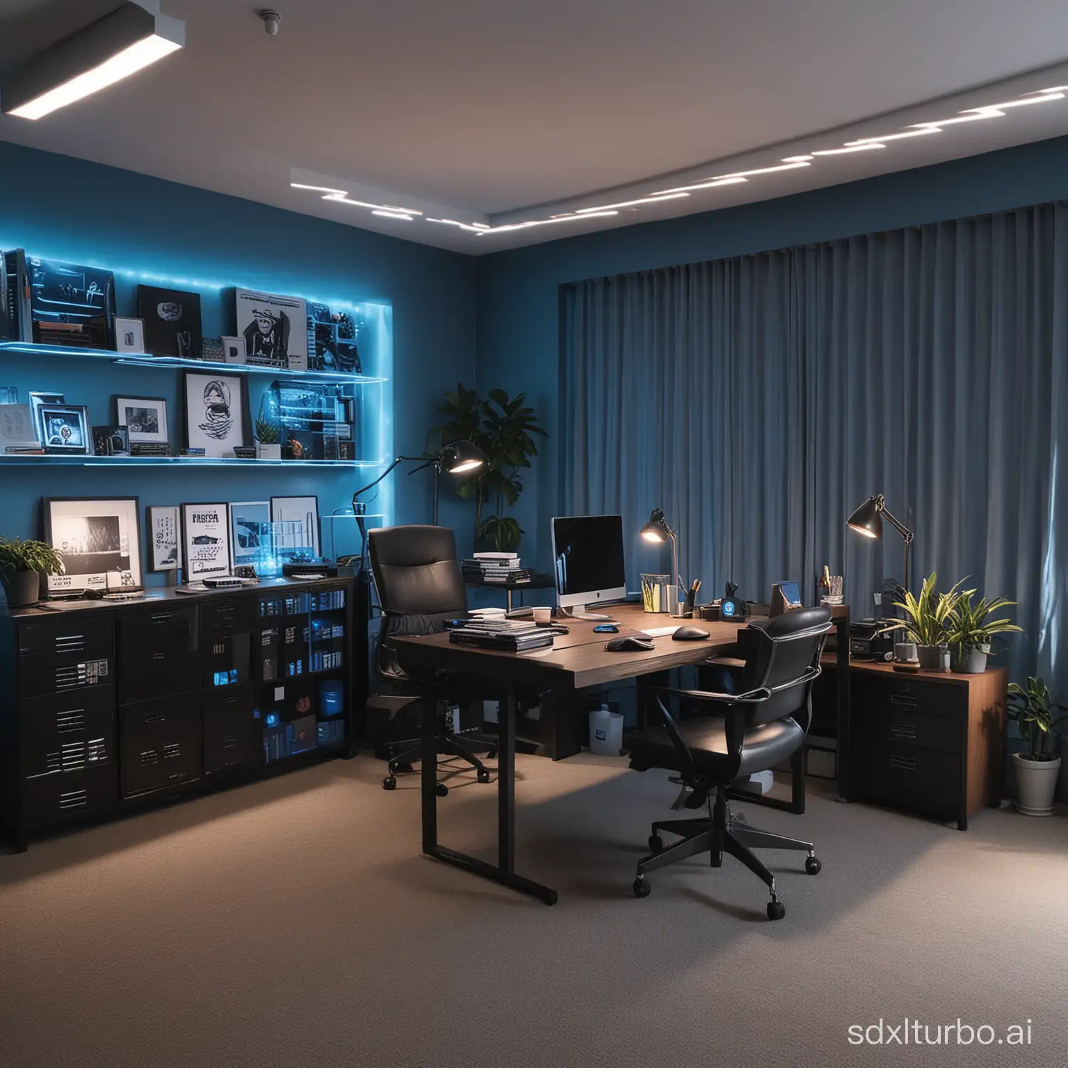 create an office backgroud with  and cool 
with blue lights, stylish, modern, movies and kdramas
