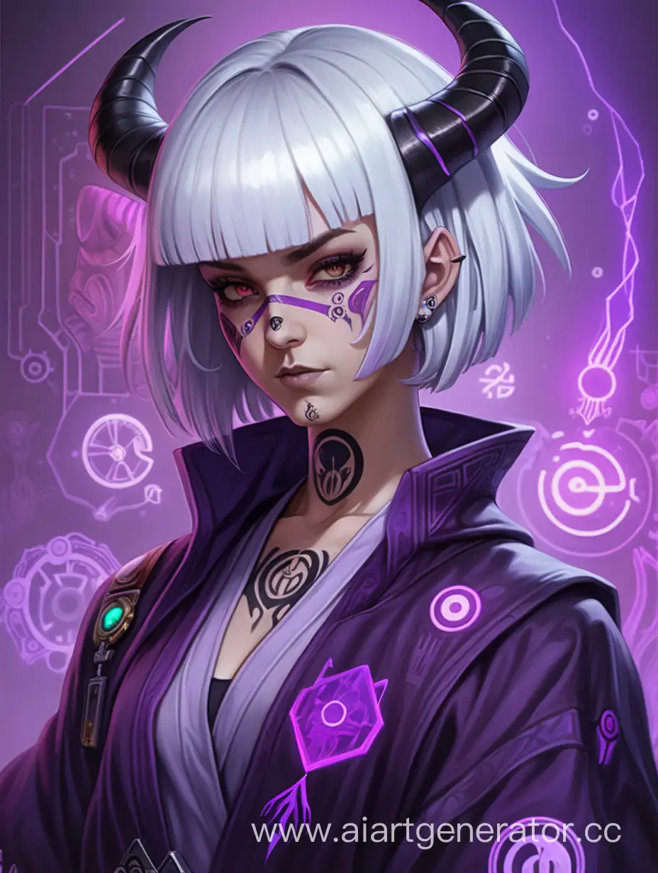 Demon, short white hair with bangs, cyberpunk purple wizard robe, black scientist robe, tattoo, horns, female character 