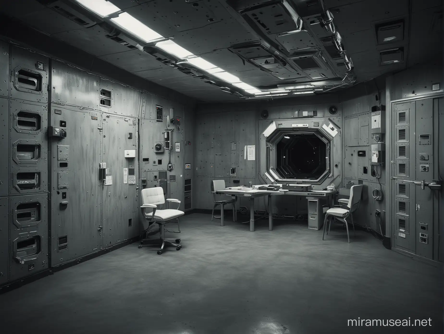 different angle of interrogation room in interior space station ominous space, techno thriller 