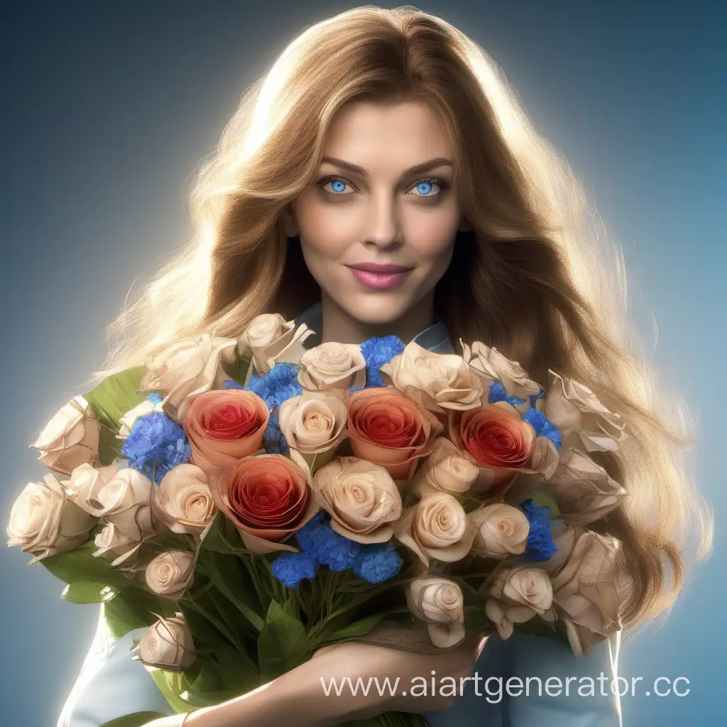 Леди Алекса с свто-русыми волосами и голубыми глазами держит букет цветов от возлюбленного