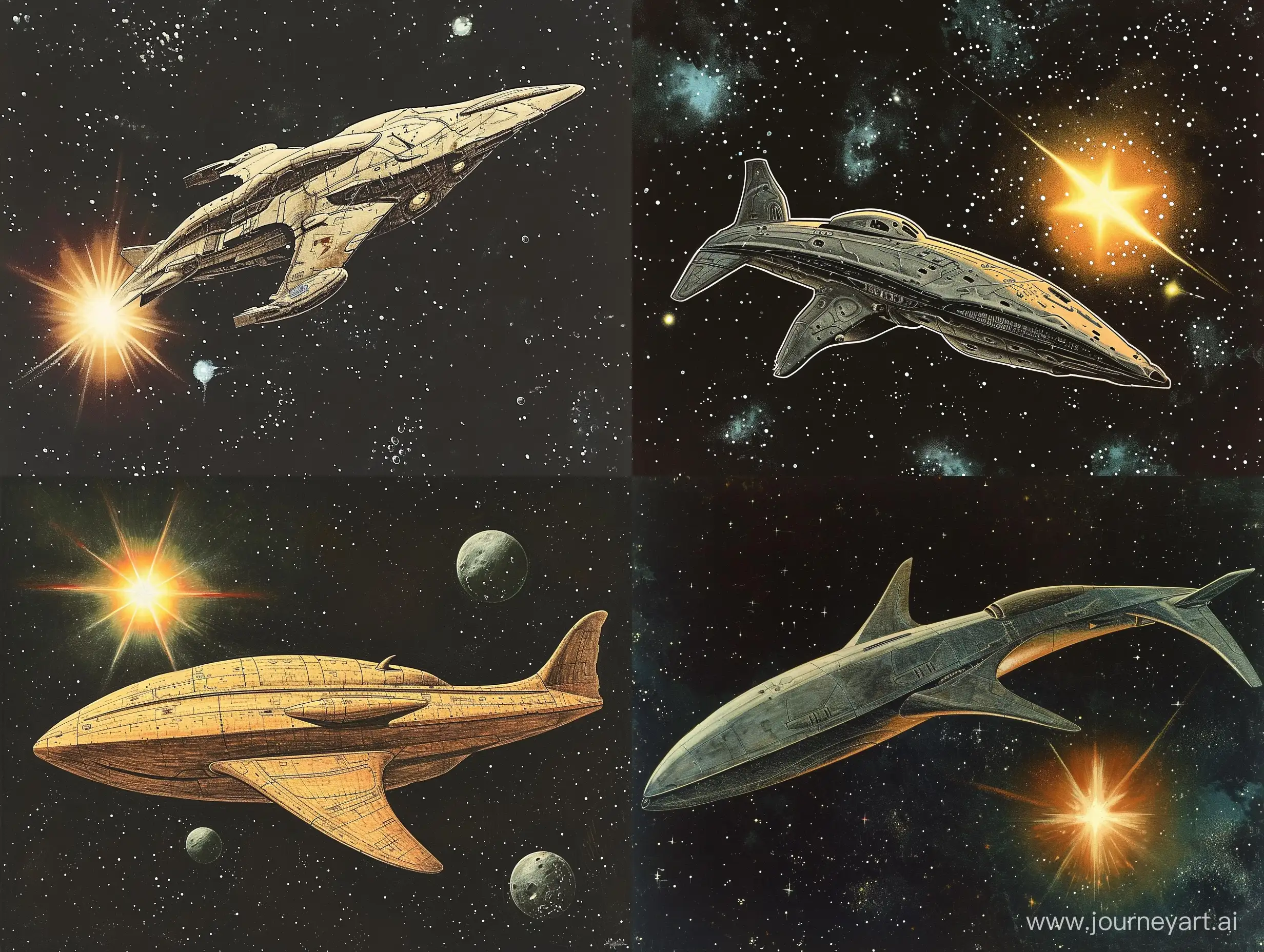 A detailed military spaceship shaped like a flattened whale with no fins flying in outer space around a glowing star. drawn by Ralph Mcquarrie. 1977. color drawing in the style of Ralph McQuarrie. detailed. space background. surreal. retro style. 