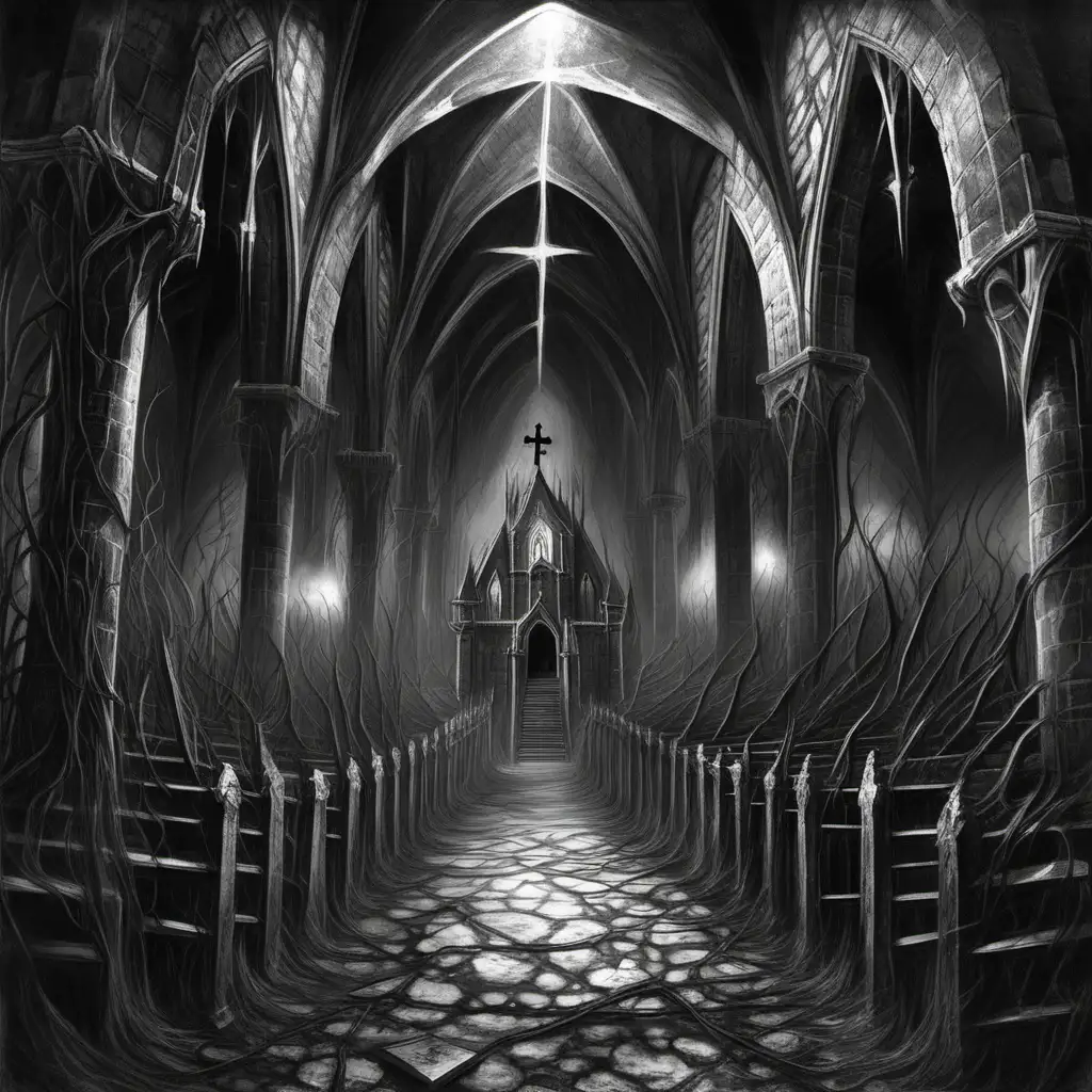 Ethereal Black and White Fantasy Art Mysterious Dungeon Church