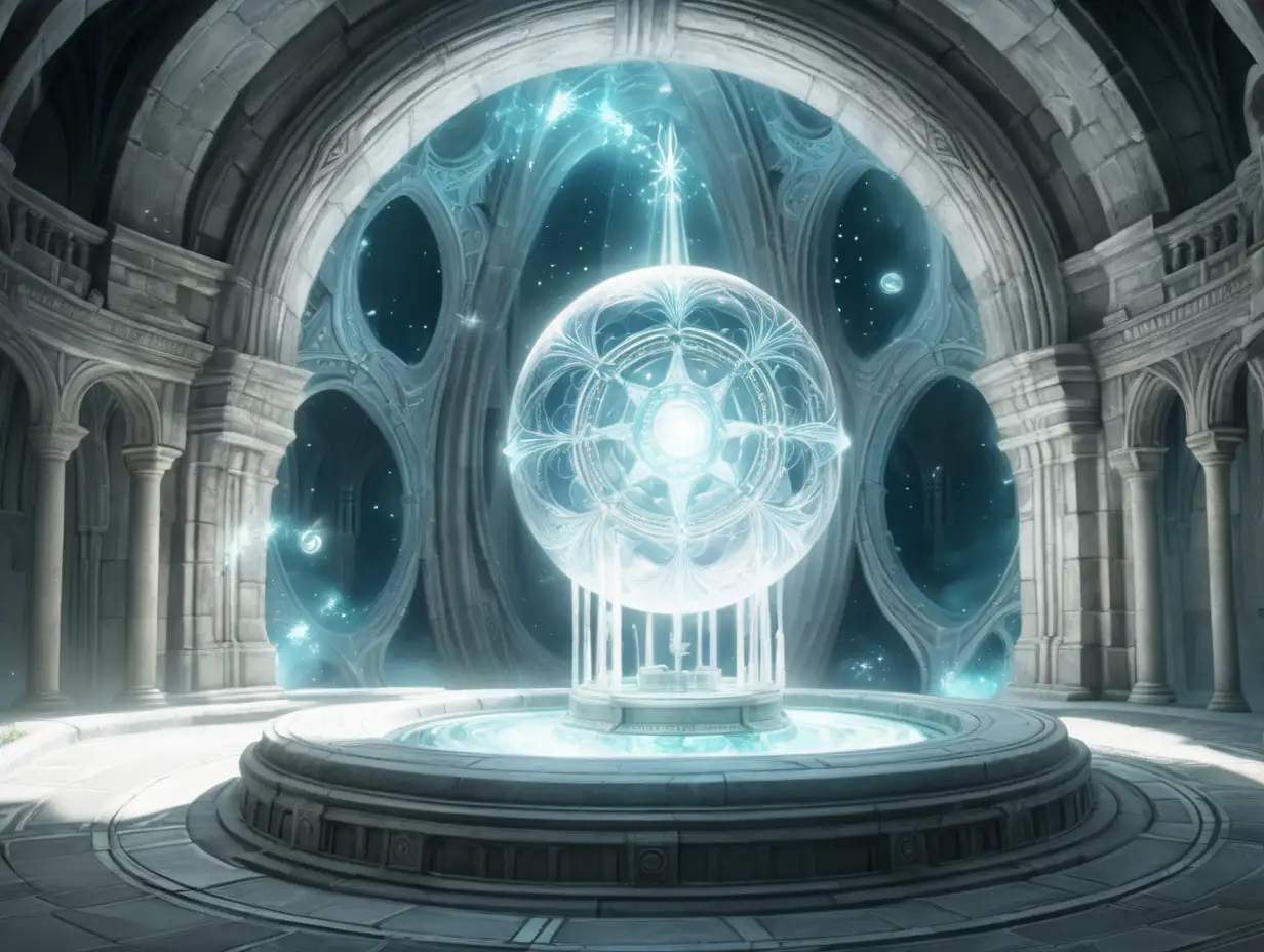 Dreaming city, beautiful, center of the castle, ball of white energy floating, in a vault
