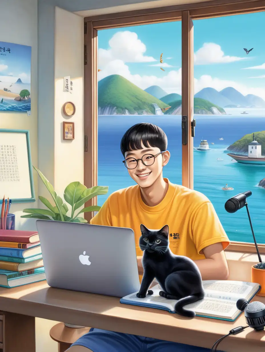 A smiling young Korean man in glasses in bright color clothes with buzz cut hair, a black cat and a white cat an window sill, a laptop and a mikrophone and a Korean language book  on a desk, window to ocean scenary.