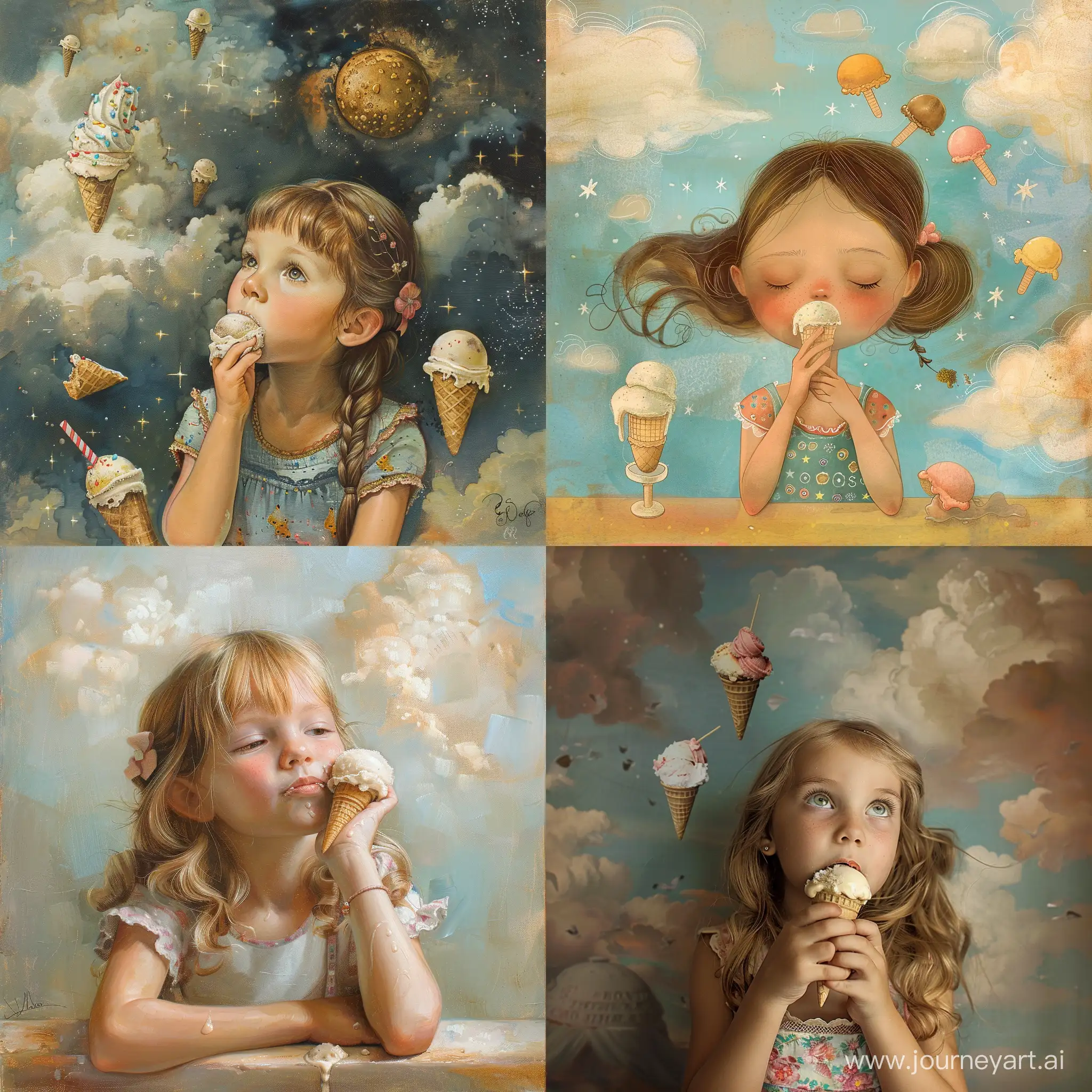 little girl, eating ice cream, day dreaming