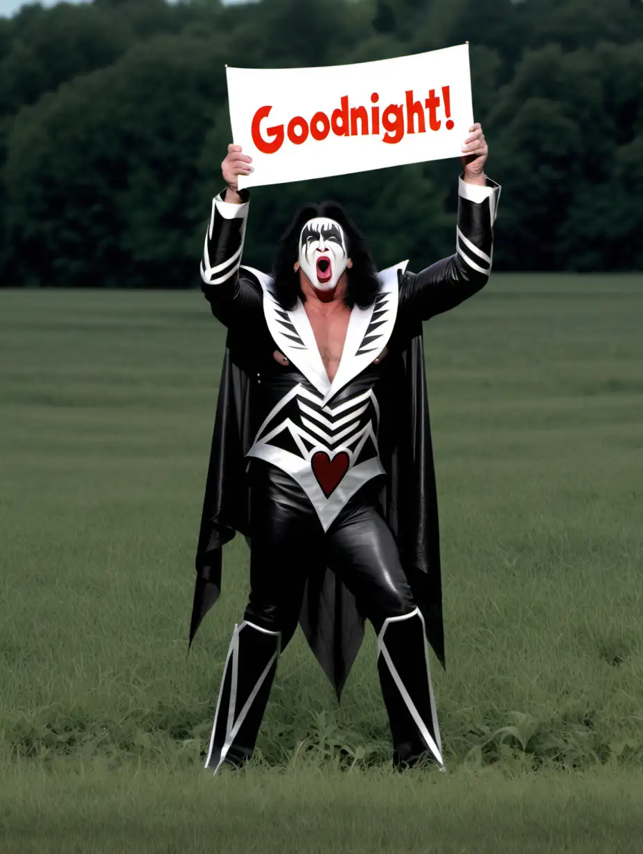 gene simmons kiss, in a field, scary, long tongue, holding a banner saying "goodnight spencer" 