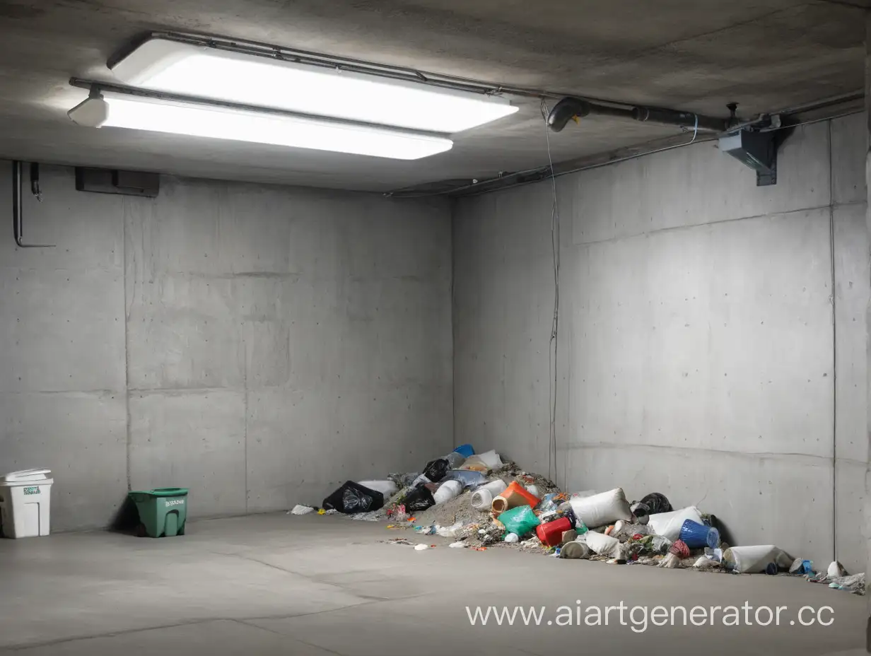 basement, gray background, concrete walls, small window, trash on the floor
