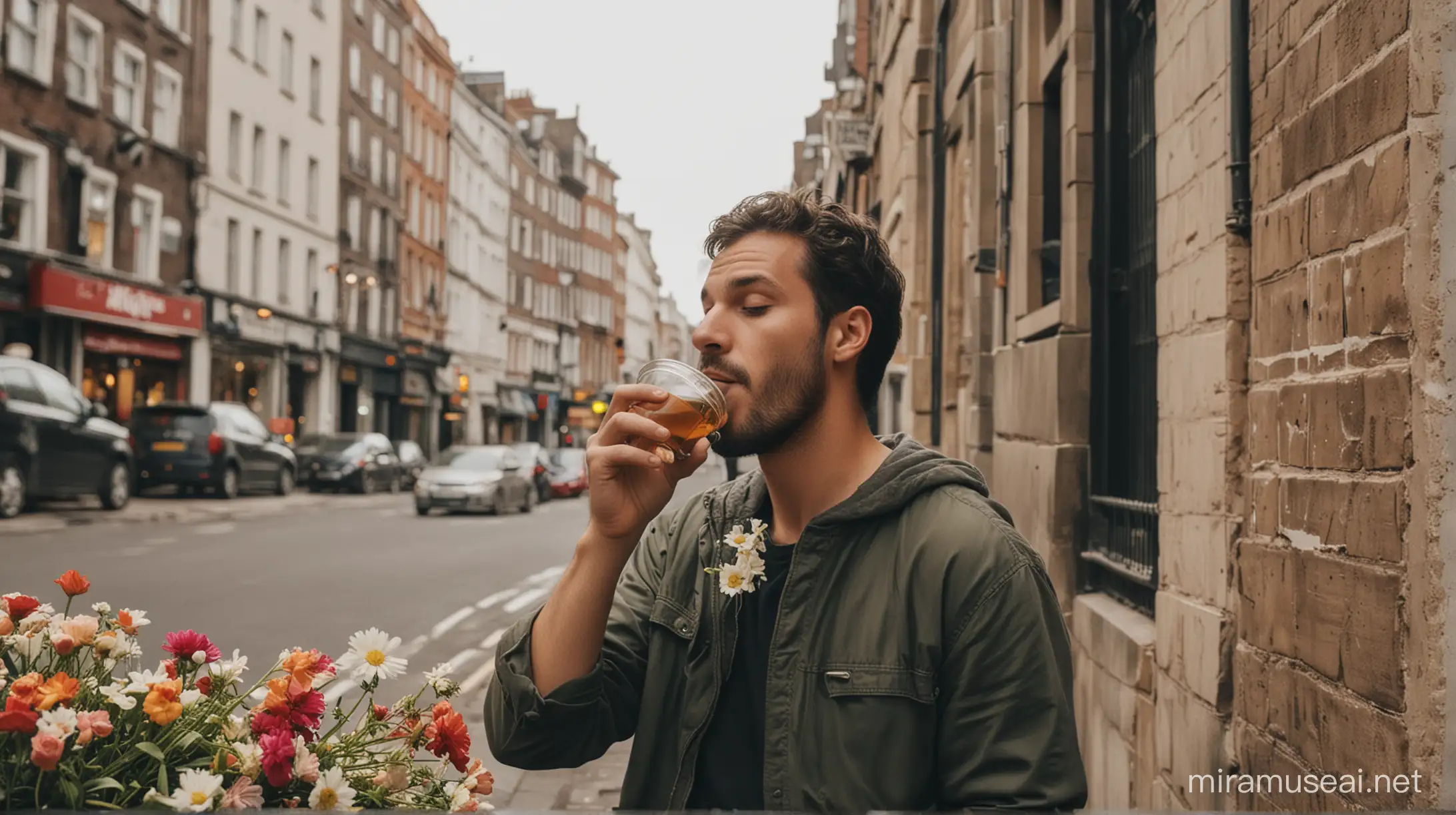 man on the street taking a sip from a take away cut and real flowers grow from the cup