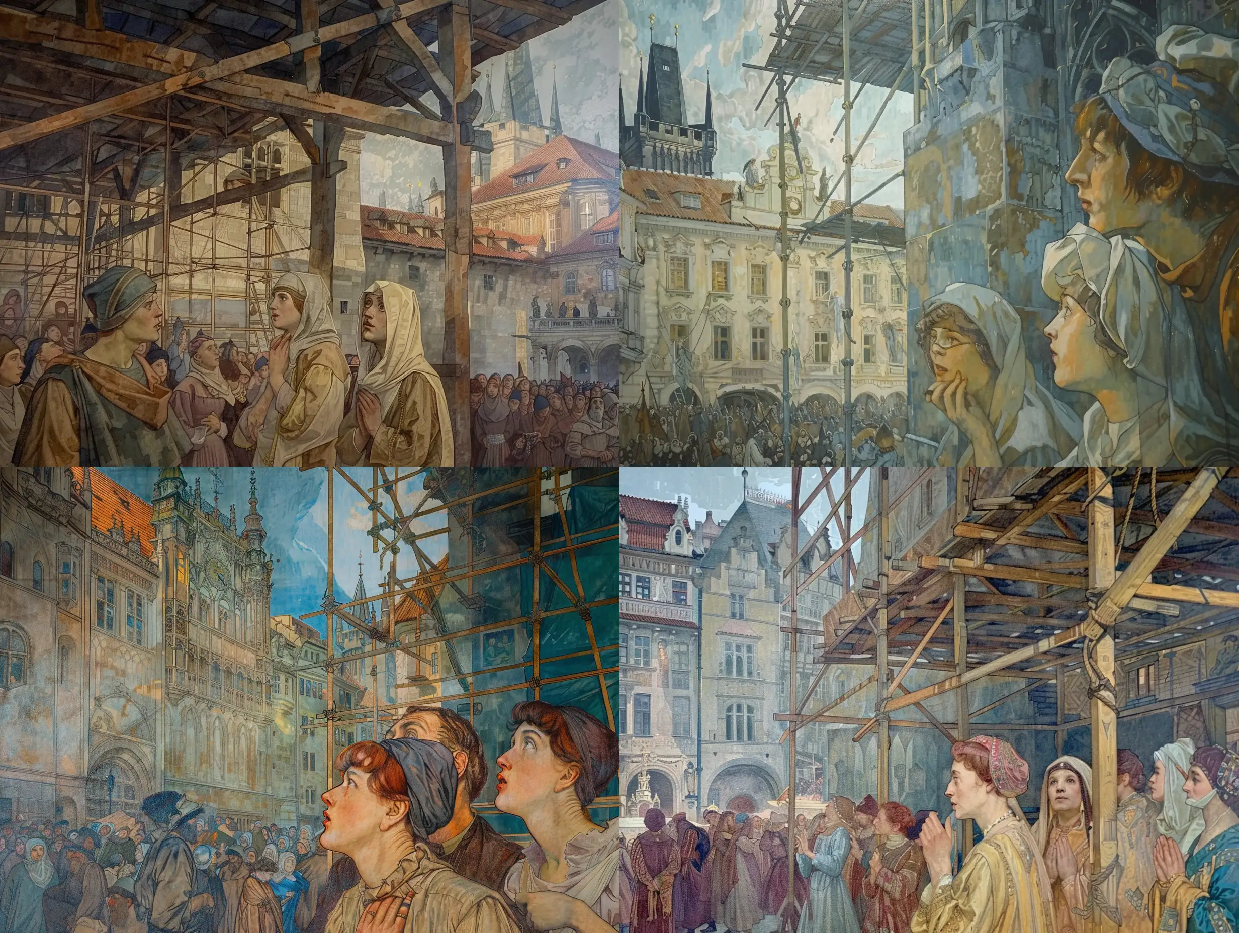 Painting in style of The Slavs Epic of Alfons Mucha. 14th century. The image shows the rest of the building in the background and a crowd watching. On the left is part of the Gothic buildings of Prague - Konviktská Street. In the foreground, under the scaffolding of the new shelter, Jan Milíč speaks to the women who, under the influence of his words, are putting away their jewellery and doing penance. The symbol of repentance, reformation and doing good is represented by a woman with a blindfold over her mouth.