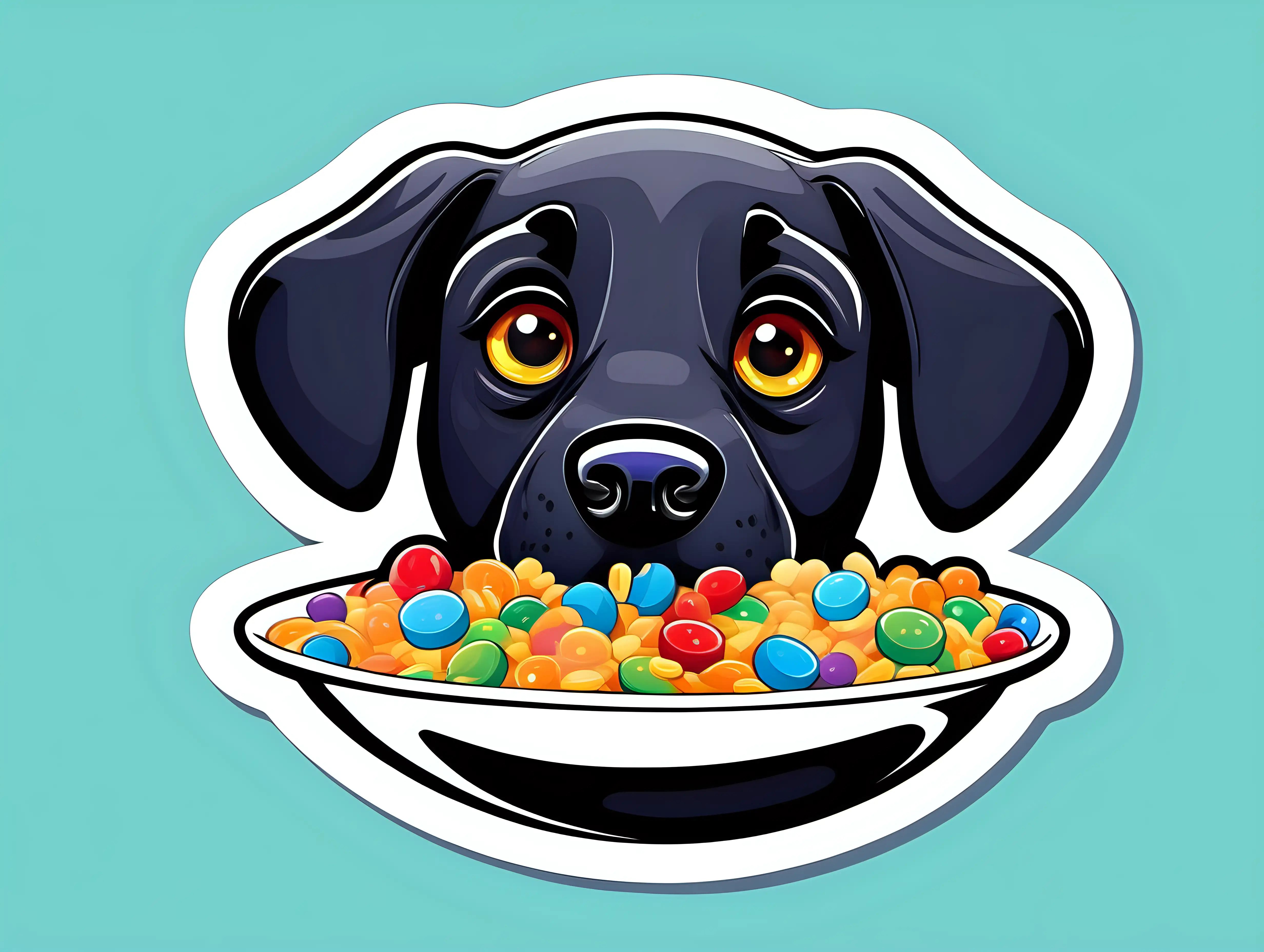 black labrador retriever dog cartoon character eating cereal with vibrant color, like a sticker, white background in the style of peter max