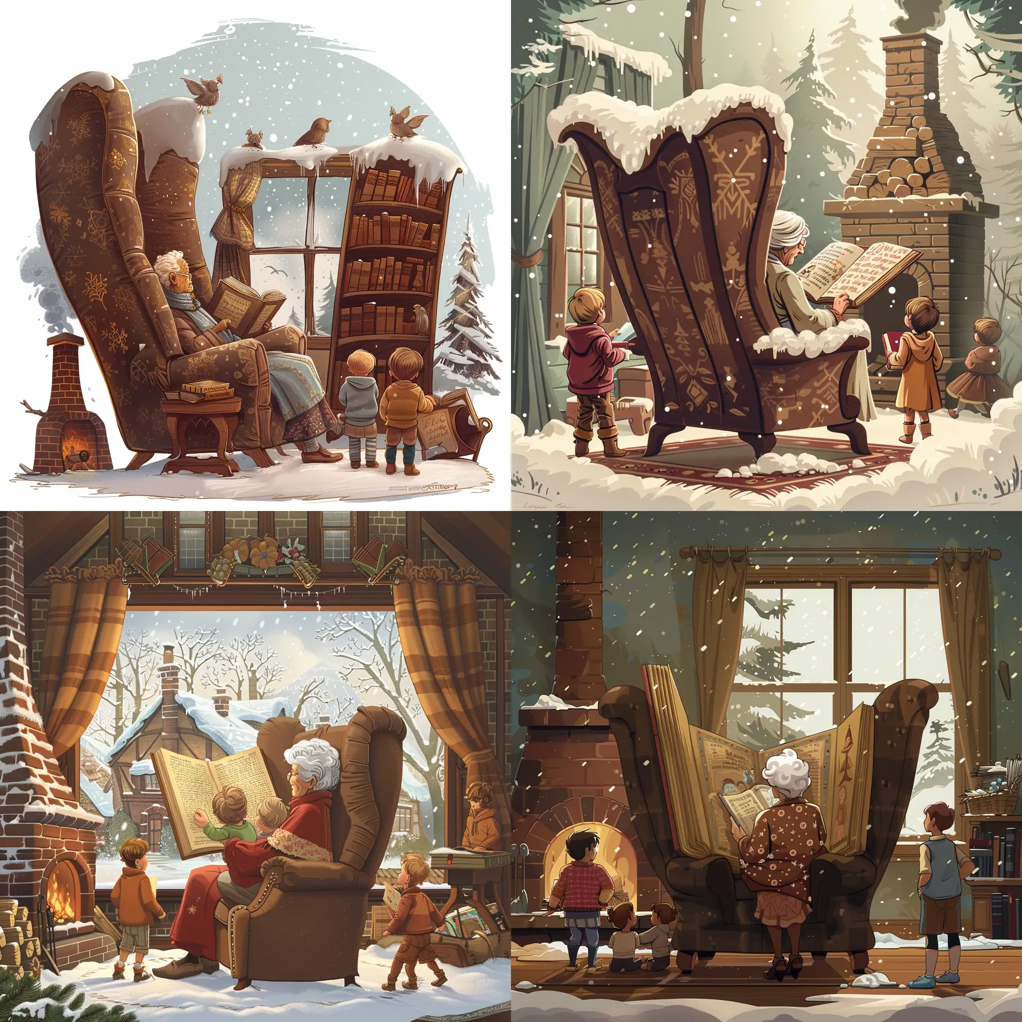 a grandmother sitting in an big wing chair reading to childen from a big book. There is also a chimney and a window where you can see that´s its snowing outside. the children are only seen from the back. Its a coming picture in the style of disney