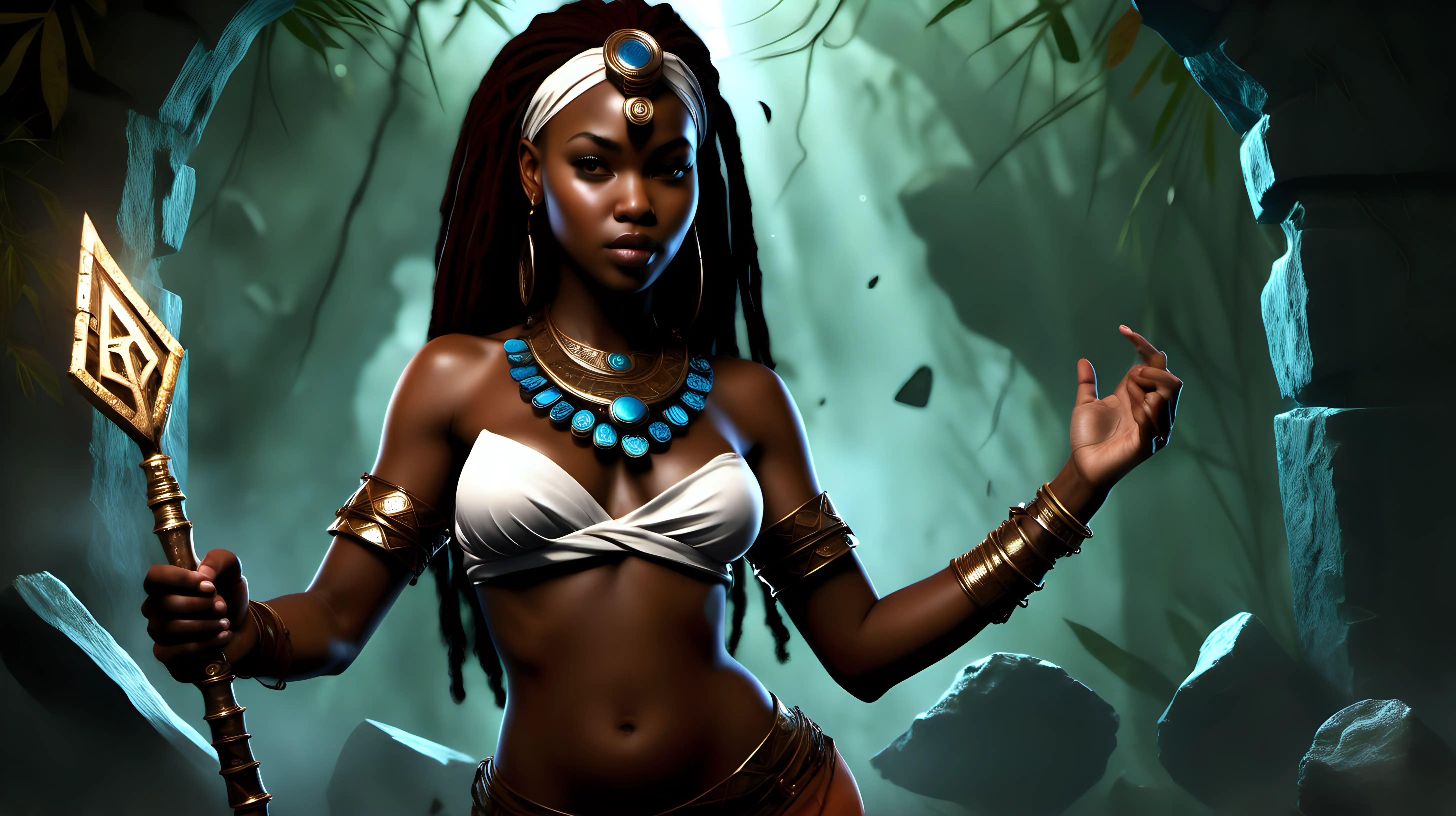 African Warrior Seraphina Unearthing Glowing Ancient Artifacts