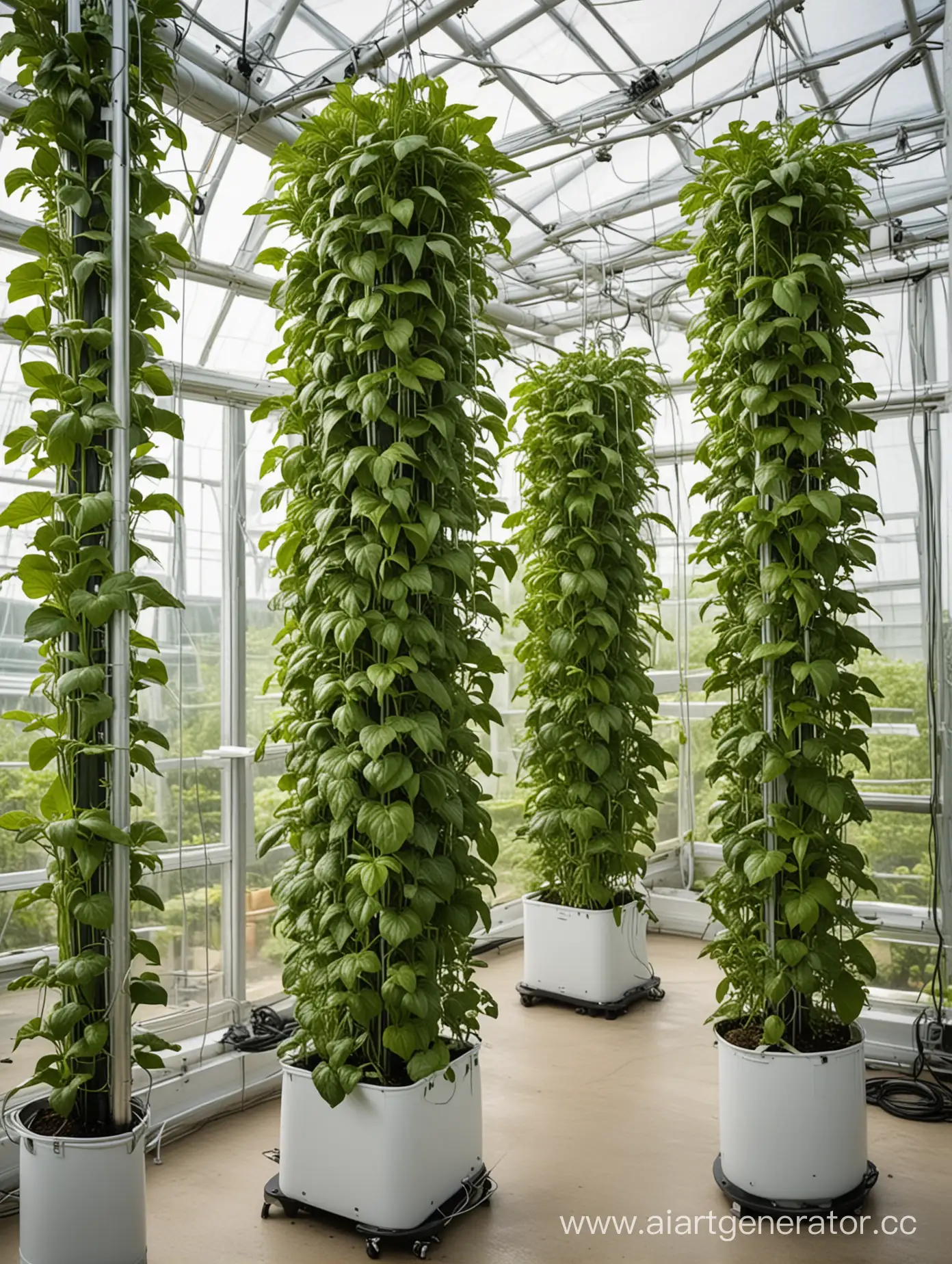 аэропонная вертикальная система выращивания зеленых растений в светлой оранжерее много света