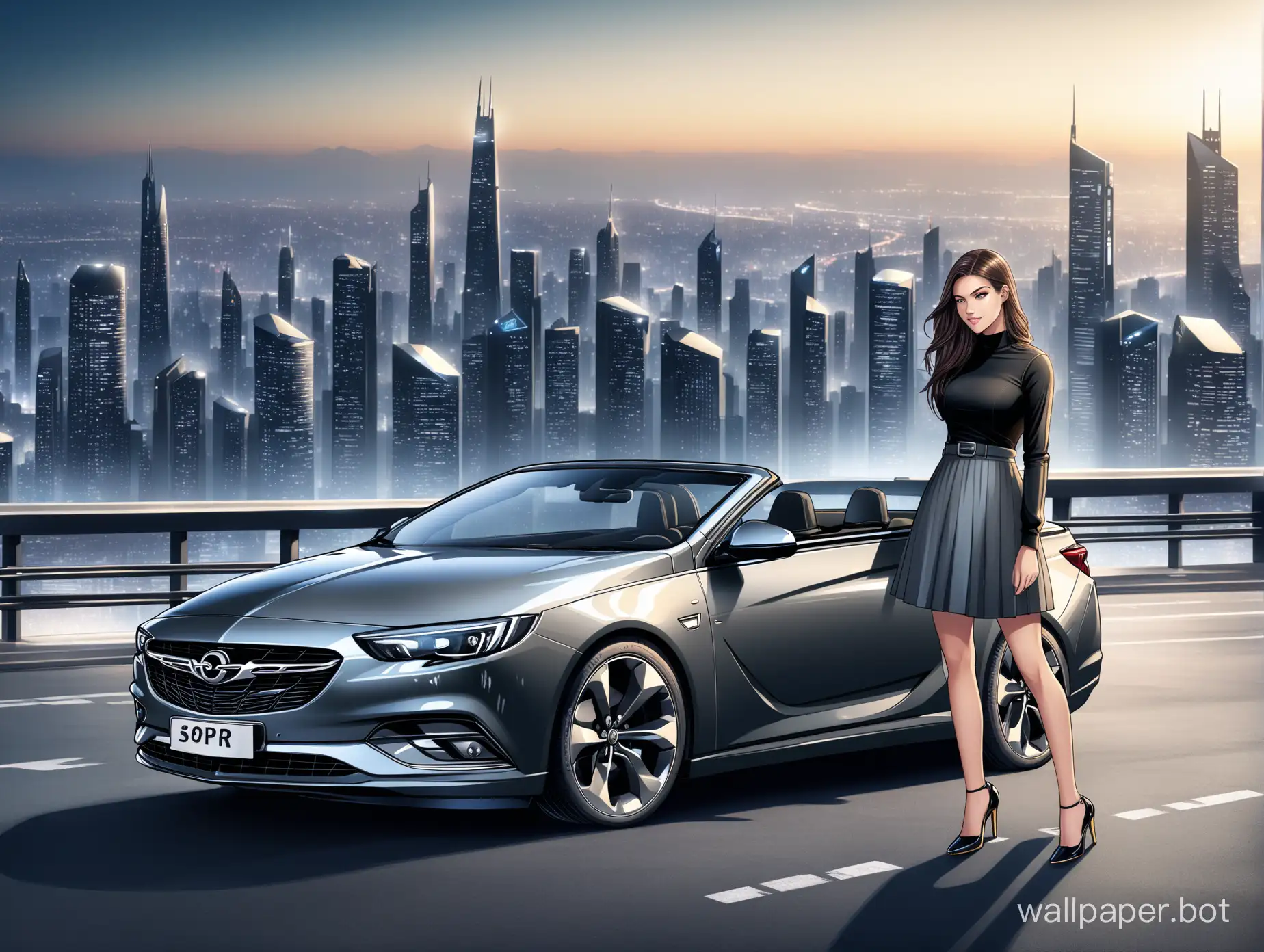 Opel insignia grand sport convertible car in dark grey color with a brunette girl in skirt, high heels standing next to it, with futuristic city background and a batman logo