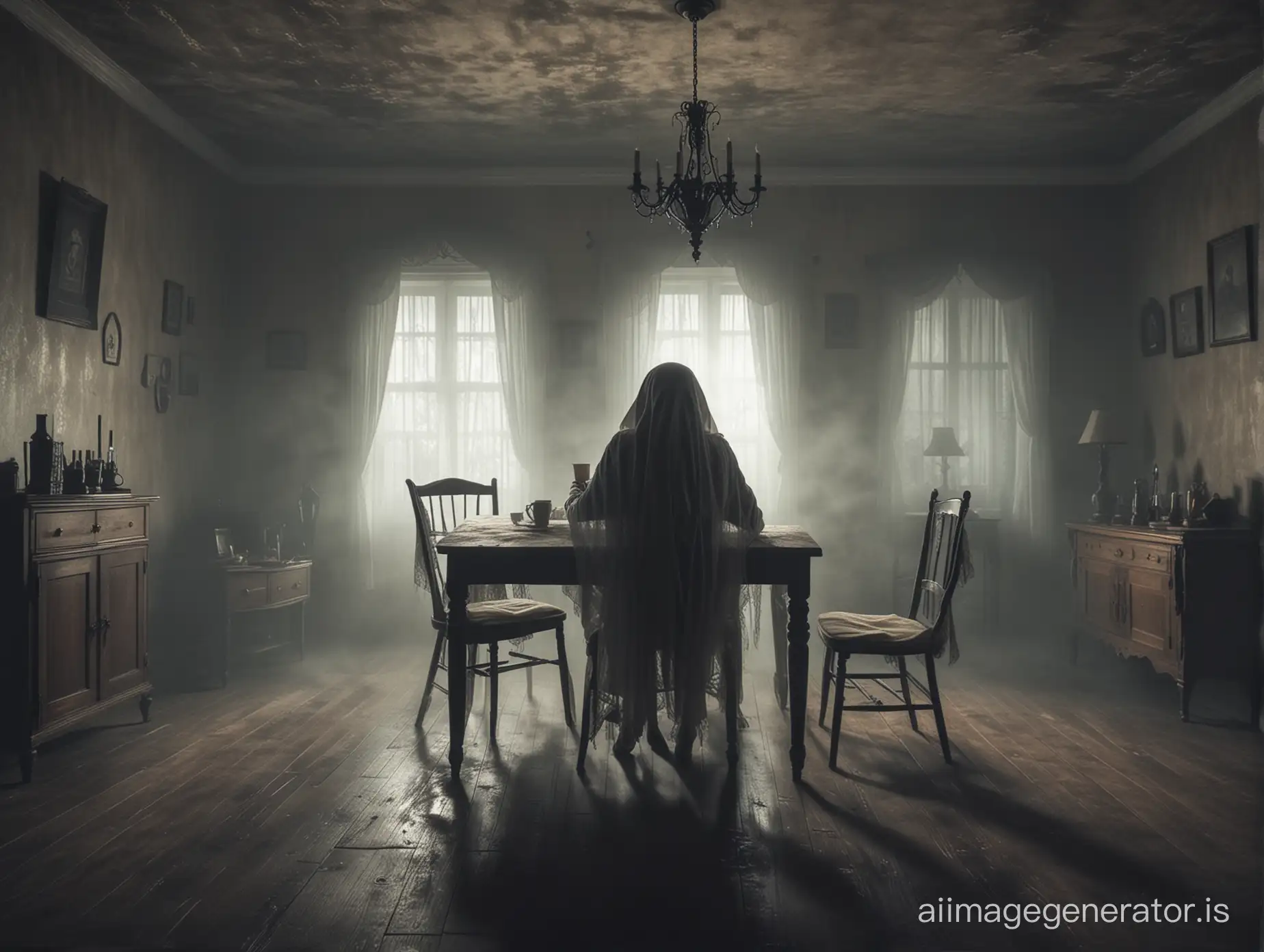 horror atmosphere, fog, night, room with table, evil shadows, ghost, grandmother