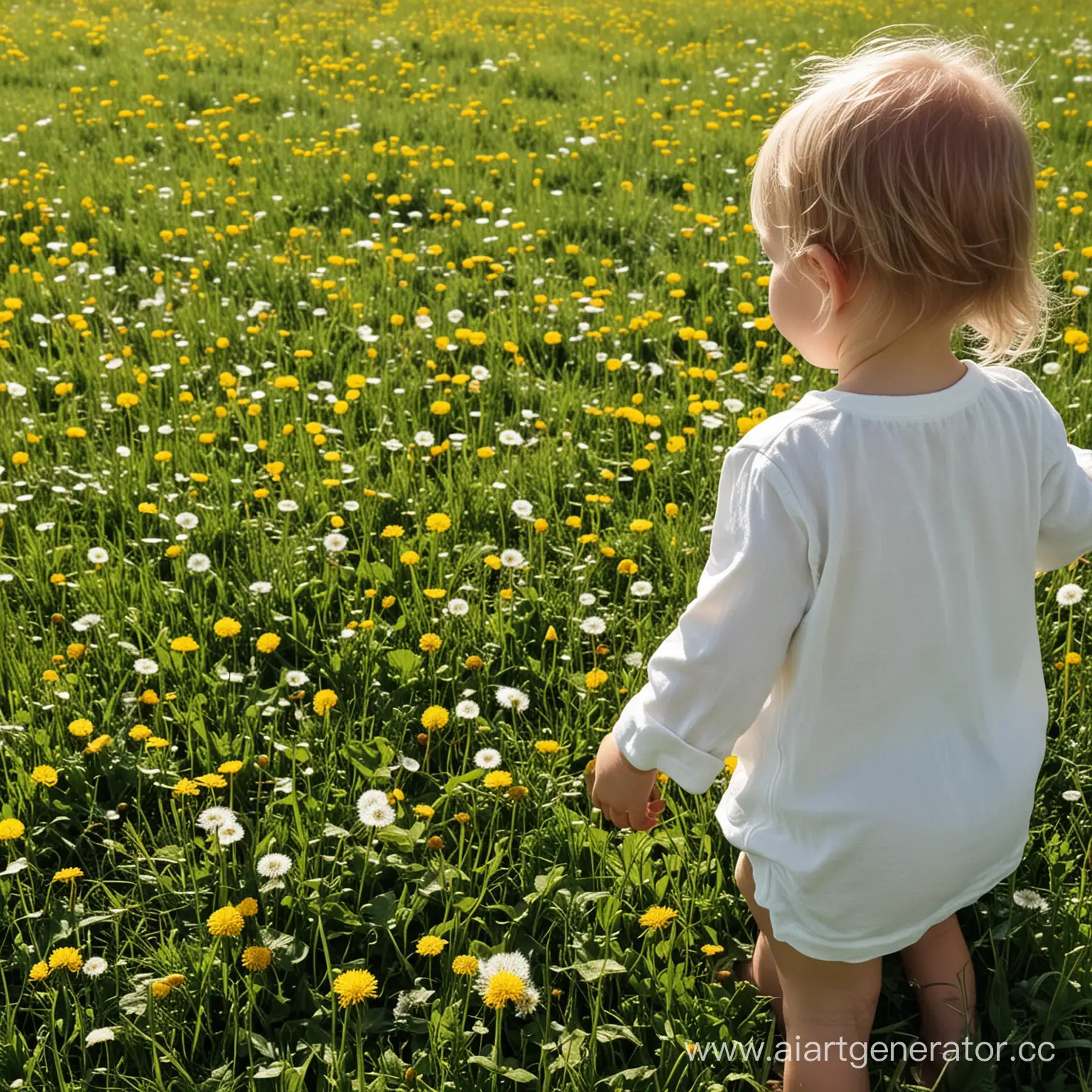 Sunlit-Green-Grass-with-Dandelions-and-Clothing