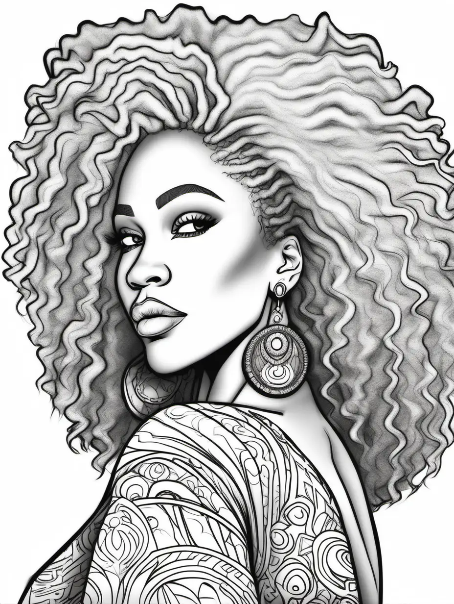 create a tall coloring page of a glamorous curvy bohemian woman, blond afro, en profile black outlines, no shades, no shading, no grayscale