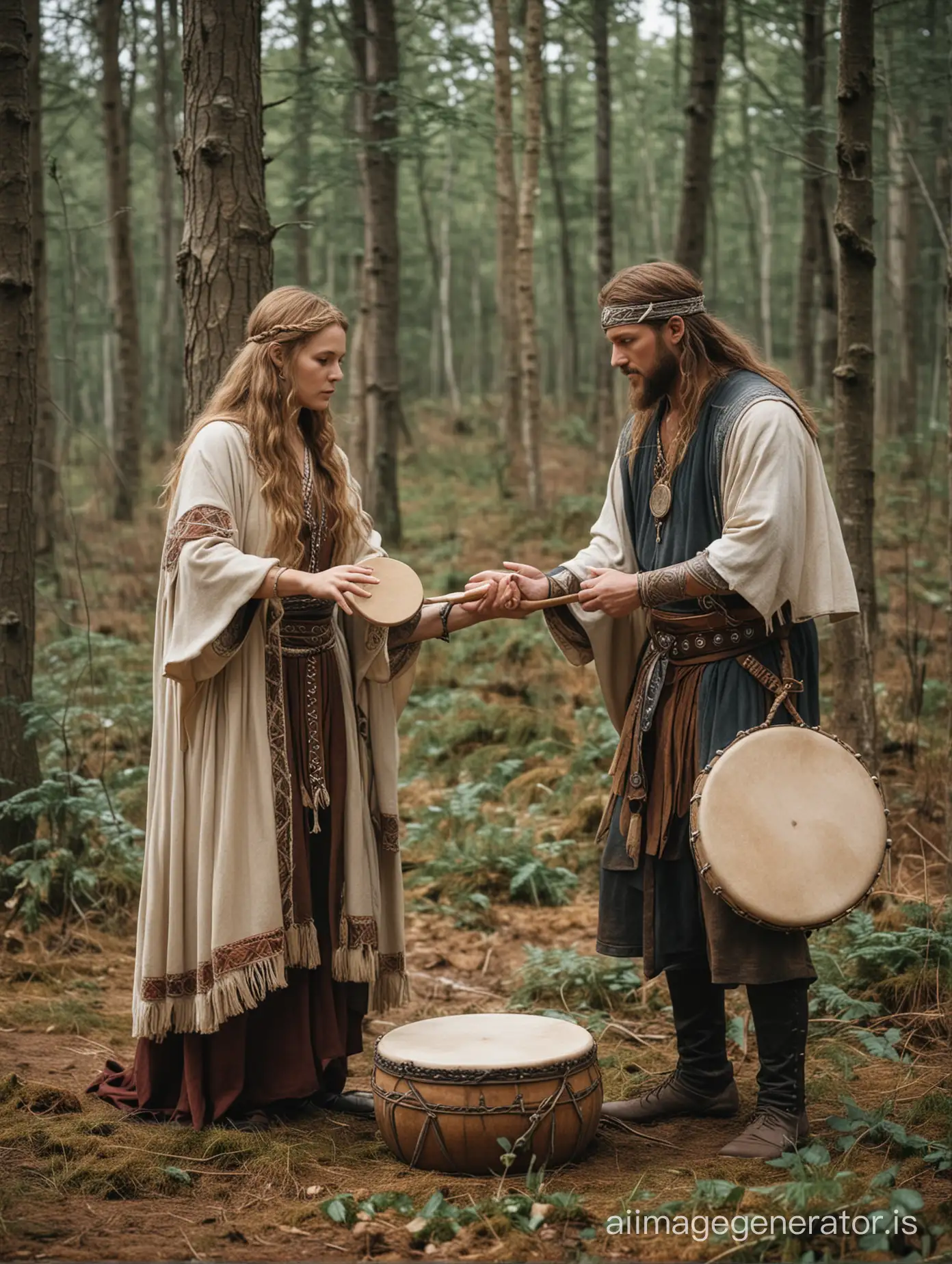 Norse woman and man playing hand drums in the woods