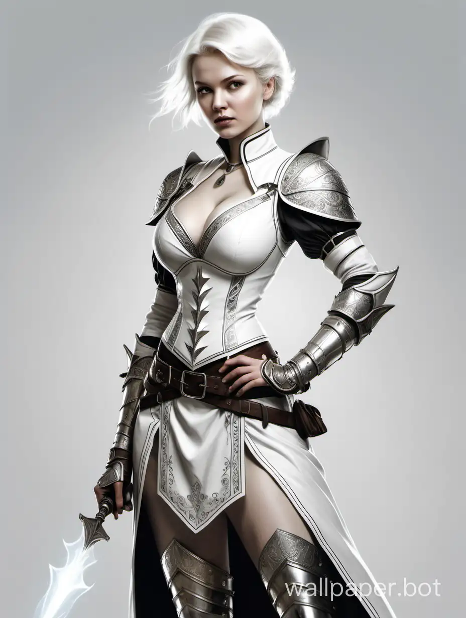 Young Alica Smekhova, light short hair with a tail, Scandinavian girl, white lightning mage, large 4-size breasts, narrow waist, wide hips, white leather short armor with a deep neckline and short sleeves with metallic decorations, skirt with metallic overlays, black and white sketch, white background, Victorian style.