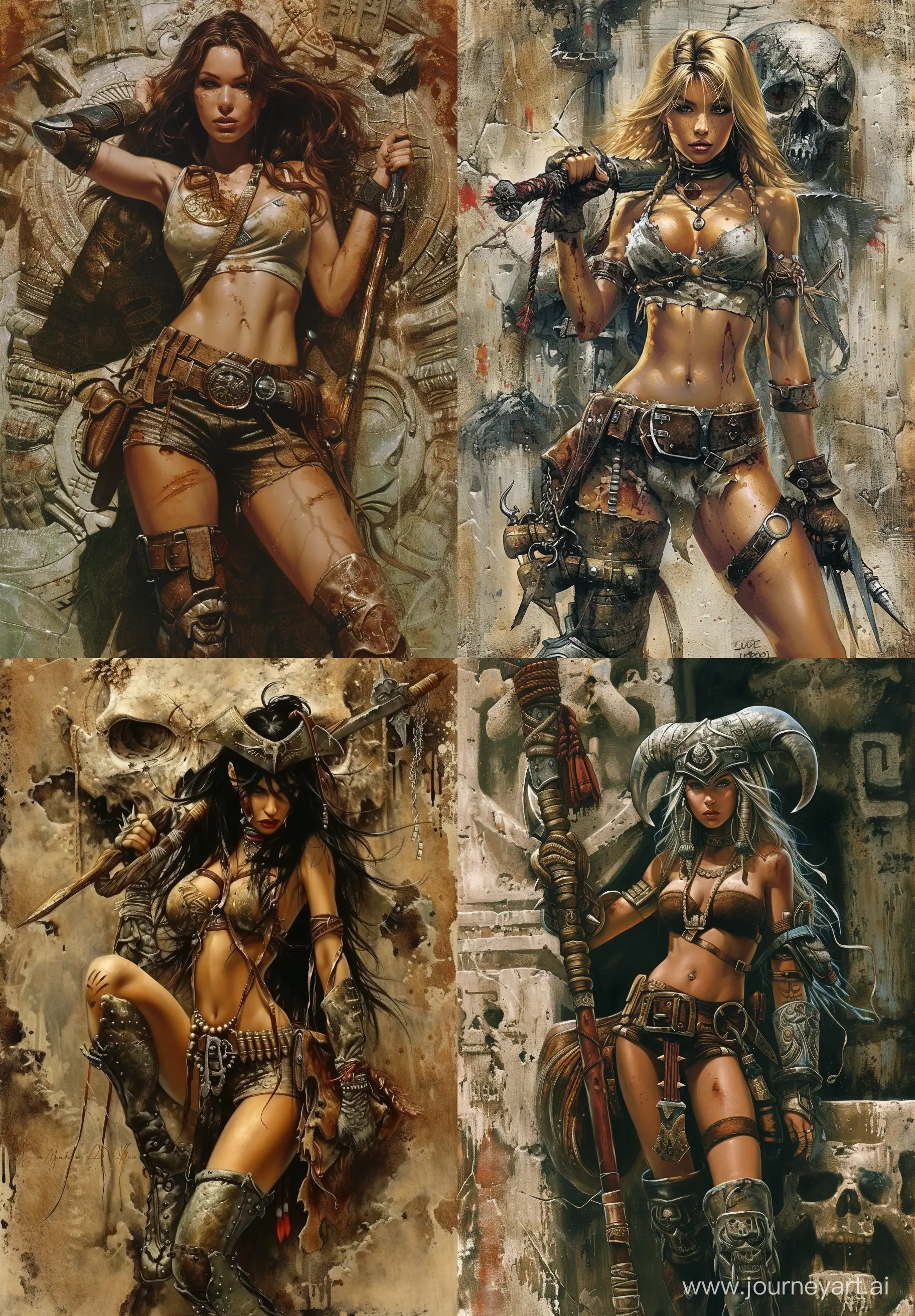 Women piratic in an exquisite costume with metal inserts resembling armor and ammunition's, a halter top, short shorts and leather high boots, holding a fighting staff over her shoulder and bags with gold money, on the back of a bone totem, Jim Lee and Luis Royo style, features, ancient, highly detailed, action poses, awesome face::2, complex, multicolor composition, X-Men comic book cover --v 6.0 --ar 9:13