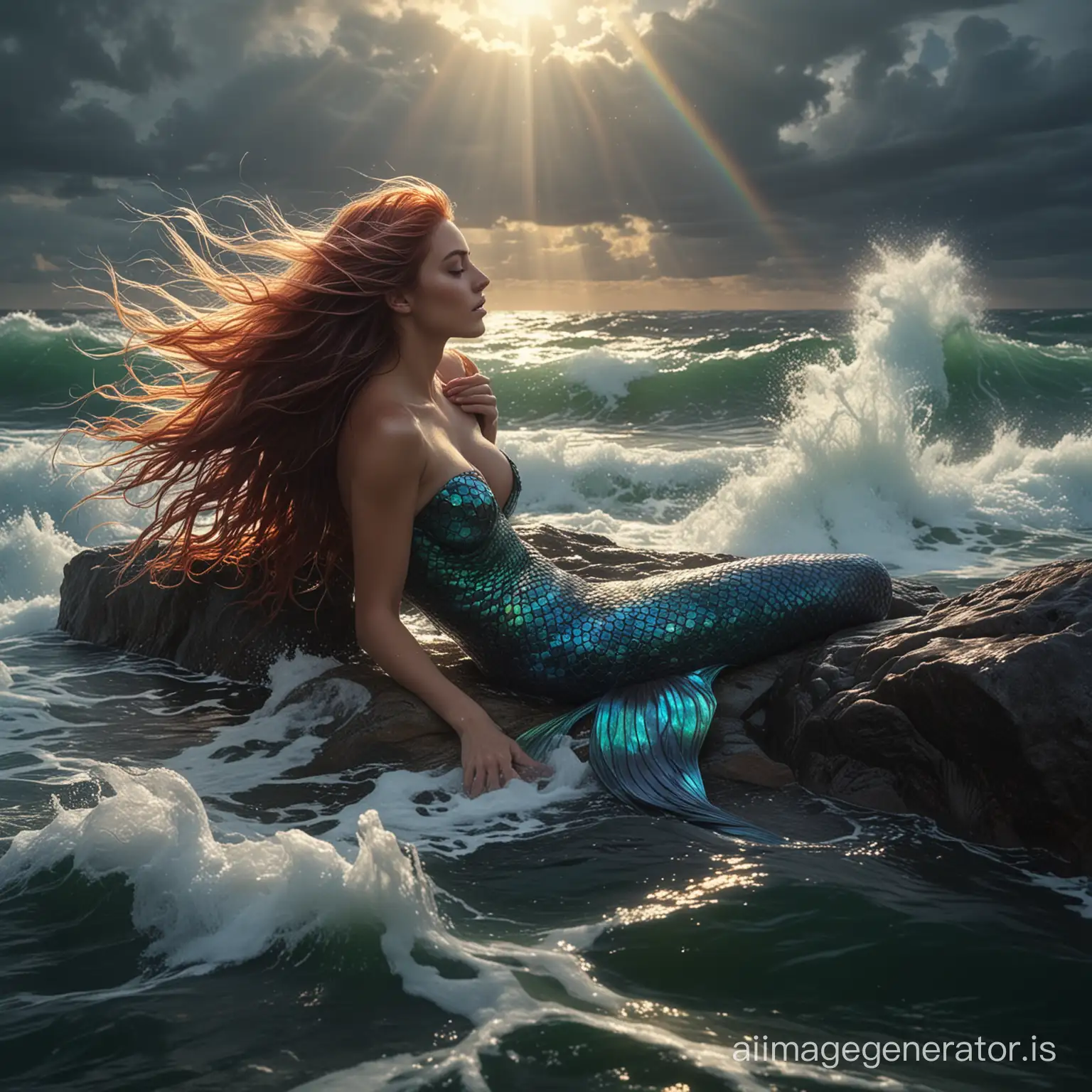 Mermaid resting on a sunlit rock amidst turbulent sea waves, FranckyXVWolff style, scales reflecting spectrum of iridescent hues, tendrils of hair flowing with the water's movement, surrounded by a shimmering aura, backdrop of stormy skies clearing above, high-definition 6k resolution, ultra-clear, dramatic lighting.