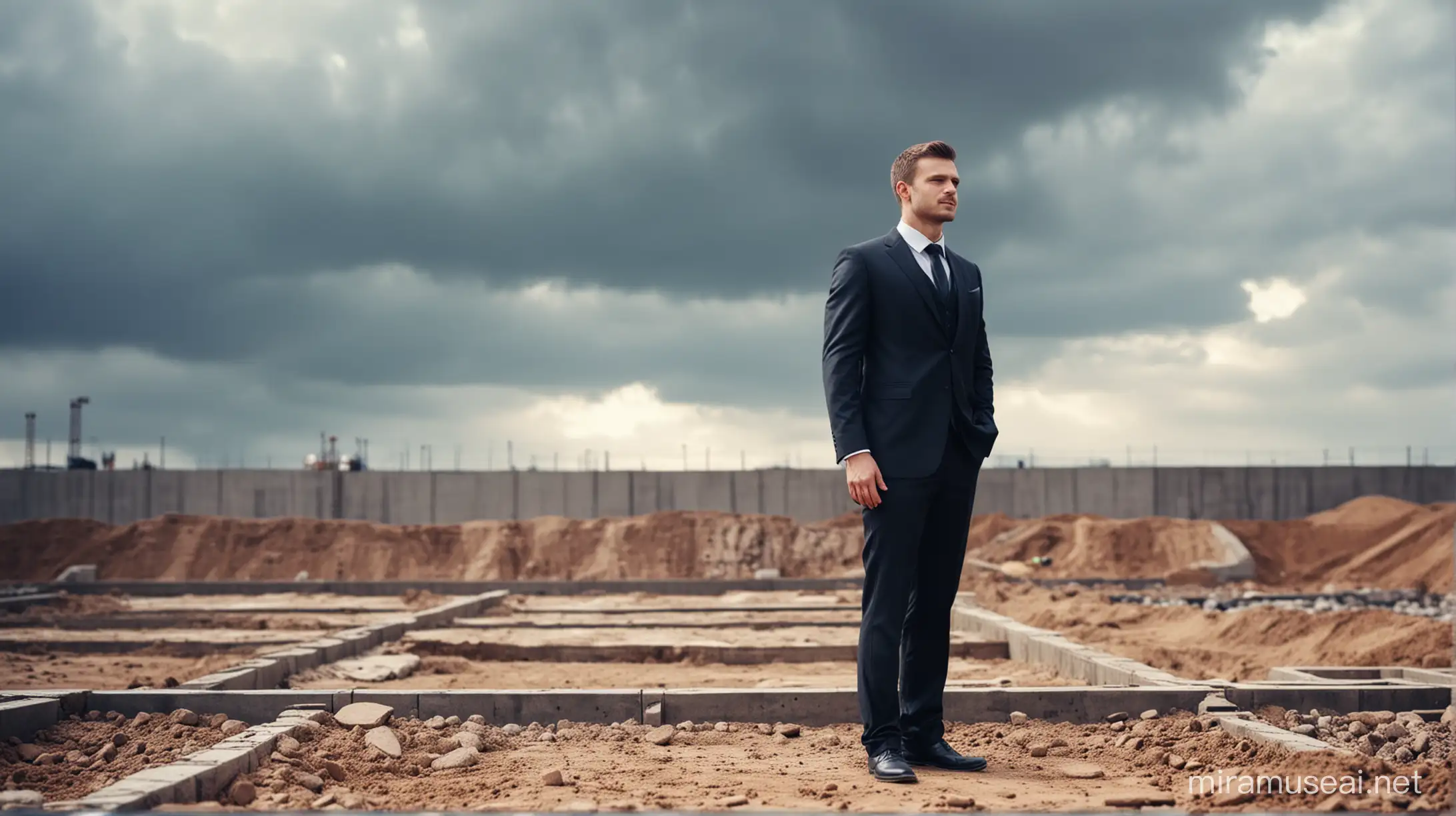 A guy in a business suit stands against the background of a foundation, trenches, a model, studio light, builders in the background, cloudy weather, bokeh