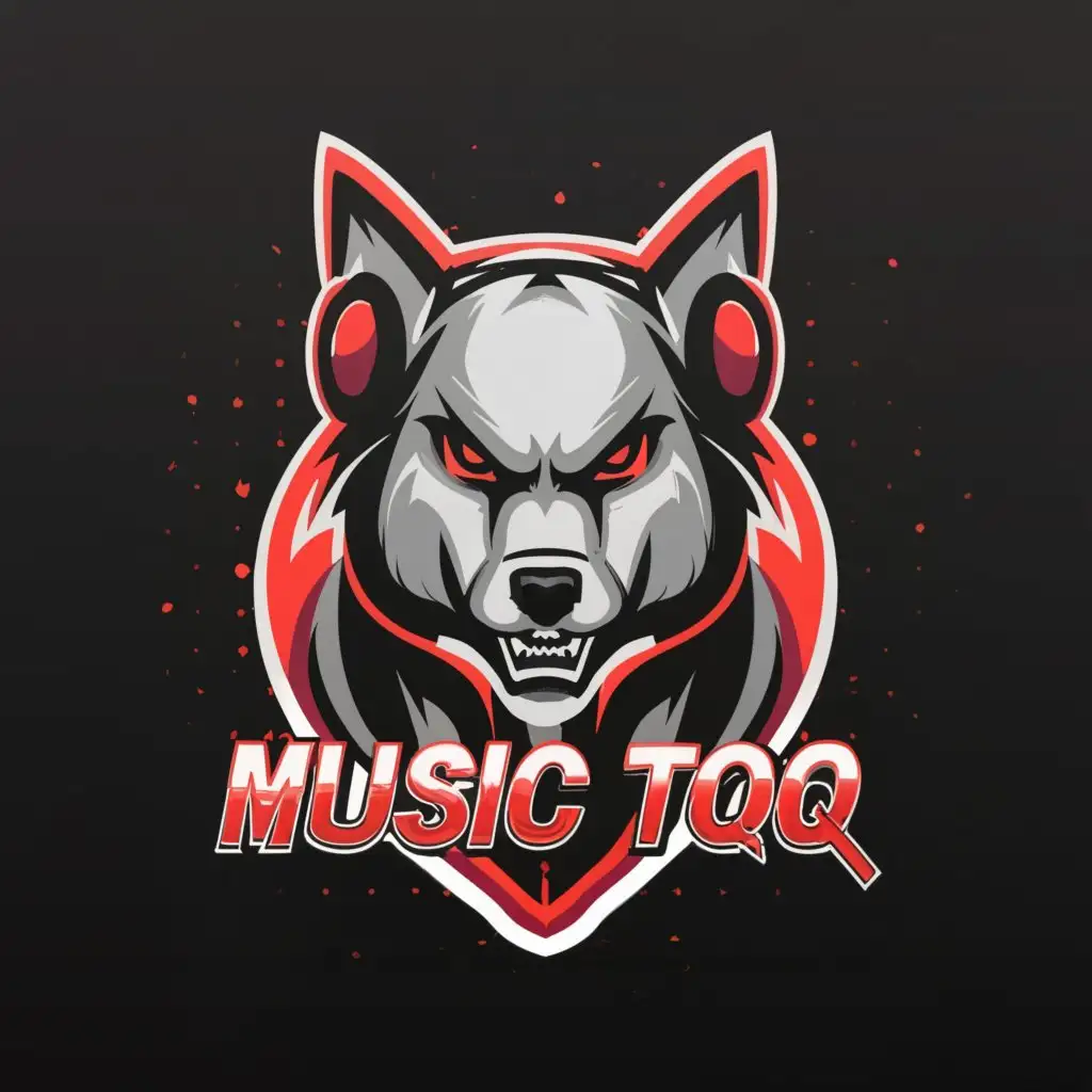 a logo design,with the text "music_toq", main symbol:The wolf with headphones who is angry and has red eyes,Moderate,clear background