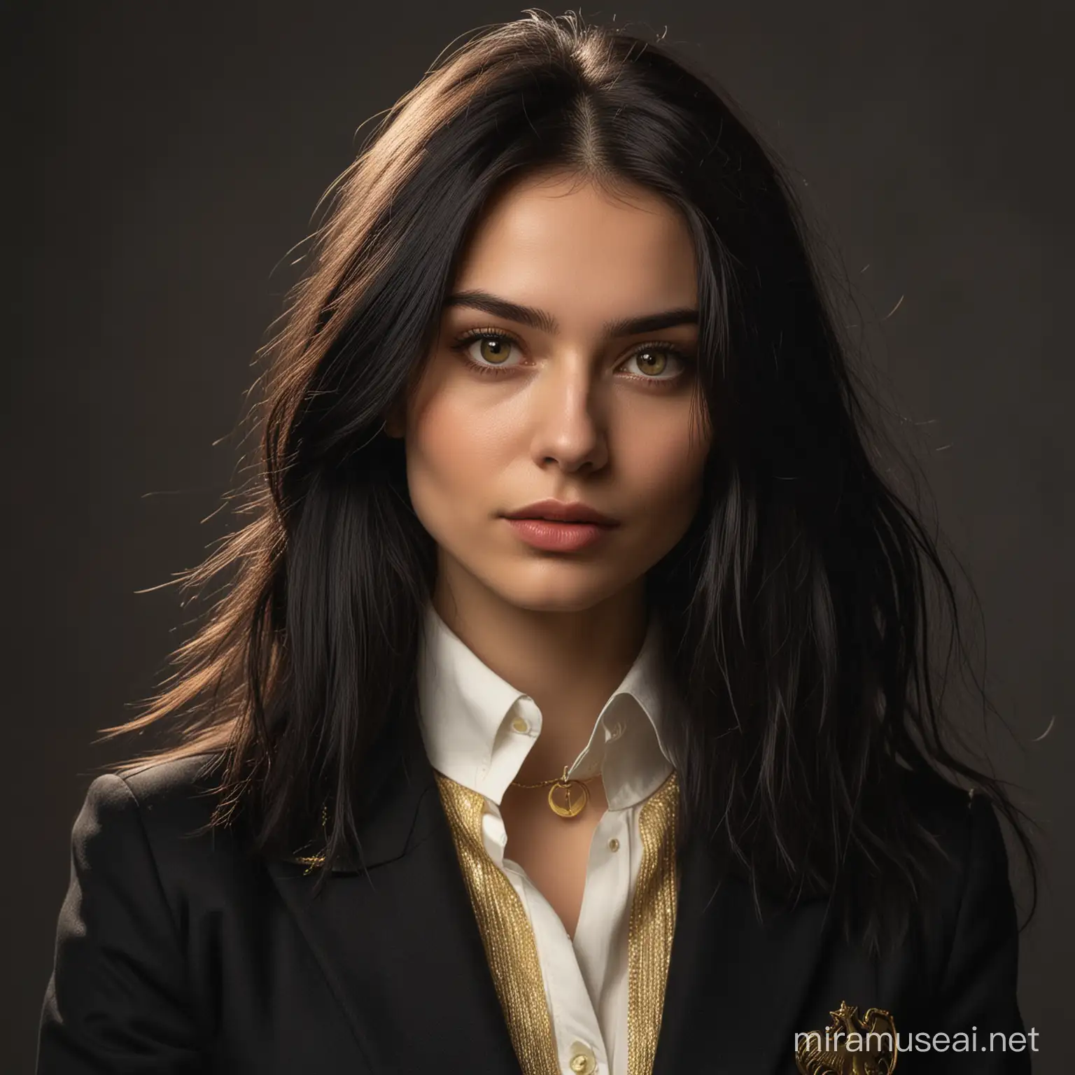 A 25 year old Russian woman dressed in a black blazer which has a gold collared sweater underneath, she is young almost etherial looking, she has pin straight long black hair, the woman has black eyes, she has a crow on her shoulder, she has a dark background of Gotham city around her and her hands have golden magic