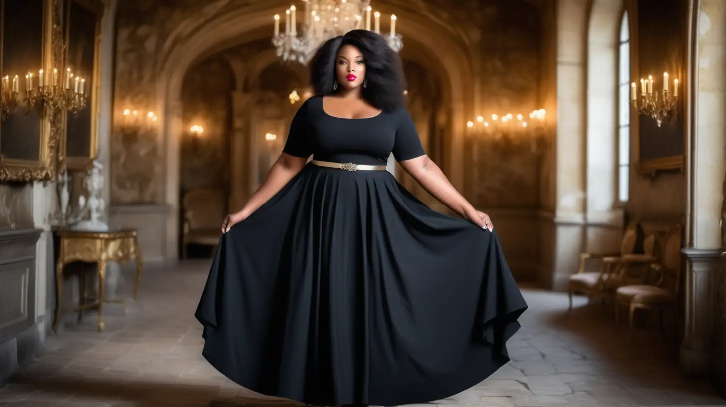 beautiful, sensual, classy elegant black plus size model wearing a round scoop neck black dress with a very flared tea-length skirt, skirt is made from the same black fabric as top, fitted black bodice, deep and wide scoop neck  bodice, short length fitted sleeves, empire defined waistline with a waistband tonal to the dress, long  hair is flowing, luxury photoshoot inside a magical winter castle in France, winter decorations inside the rooms in the castle, antique background