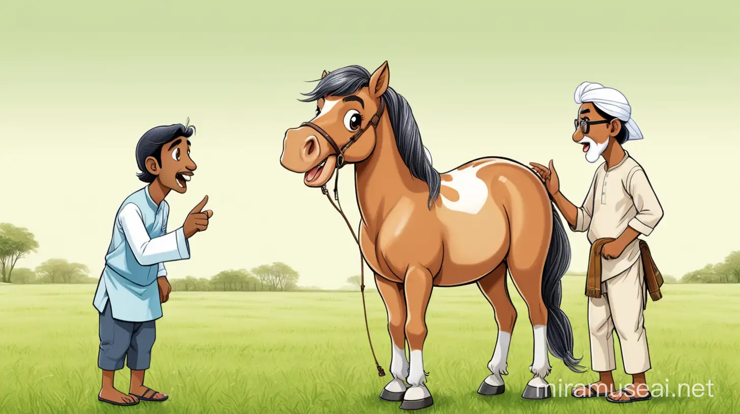 Two Bengali men and a pony talking in a grass field. Please make the image cartoon type.