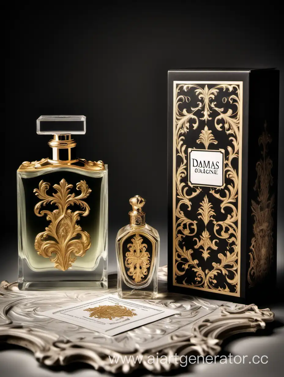 a bottle of damas cologne sitting next to a box, a flemish Baroque by Demetrios Farmakopoulos, instagram contest winner, dau-al-set, dynamic composition, contest winner, feminine